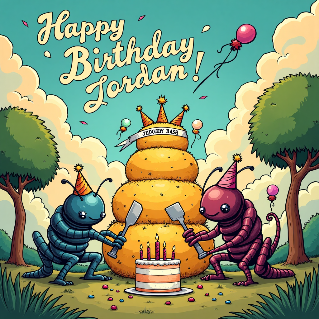 In this whimsical cartoon birthday card, inspired by classic and quirky artists, we have a fantastical scene straight out of an alternate dimension where Warhammer Tyranids are not fearsome adversaries but rather party-loving creatures. Picture a lush, candy-colored landscape reminiscent of Tezuka's vibrant worlds, with an eccentric twist akin to Gary Larson's humor. The foreground features a group of Tyranids, but instead of menacingly advancing, they are gathered around a colossal birthday cake shaped like a towering hive. Their elongated limbs and chitinous bodies are humorously festooned with party hats and streamers, echoing the playful spirit of Schulz's Peanuts.

The centerpiece of this gathering is a gigantic Tyranid, holding an oversized spatula, preparing to slice the cake. In the sky above, the clouds are swirling in vibrant hues, forming the words "Happy Birthday, Jordan!" in an elegant, flowing script reminiscent of Disney's enchanting skies. These clouds are tinged with the fantasy-like colors you might find in a Winsor McCay dreamscape. The cake itself is frosted in bright, cheerful colors, adorned with tiny edible Tyranid models as cake toppers, adding a humorous nod to the theme.

To the side, an Astro Boy-inspired Tyranid is jetting around with party balloons tied to its carapace, while another smaller Tyranid, resembling a Calvin and Hobbes character in its mischief, tries to pop them with a playful grin. In the background, a banner draped across two alien trees reads "Jordan's Birthday Bash!" in bold, comic-book letters like those from Hergé’s Tintin adventures. The entire scene is lively, bustling with quirky interactions among the Tyranids, creating a unique and memorable birthday wish for Jordan.
Generated with these themes: Warhammer tyranids .
Made with ❤️ by AI.