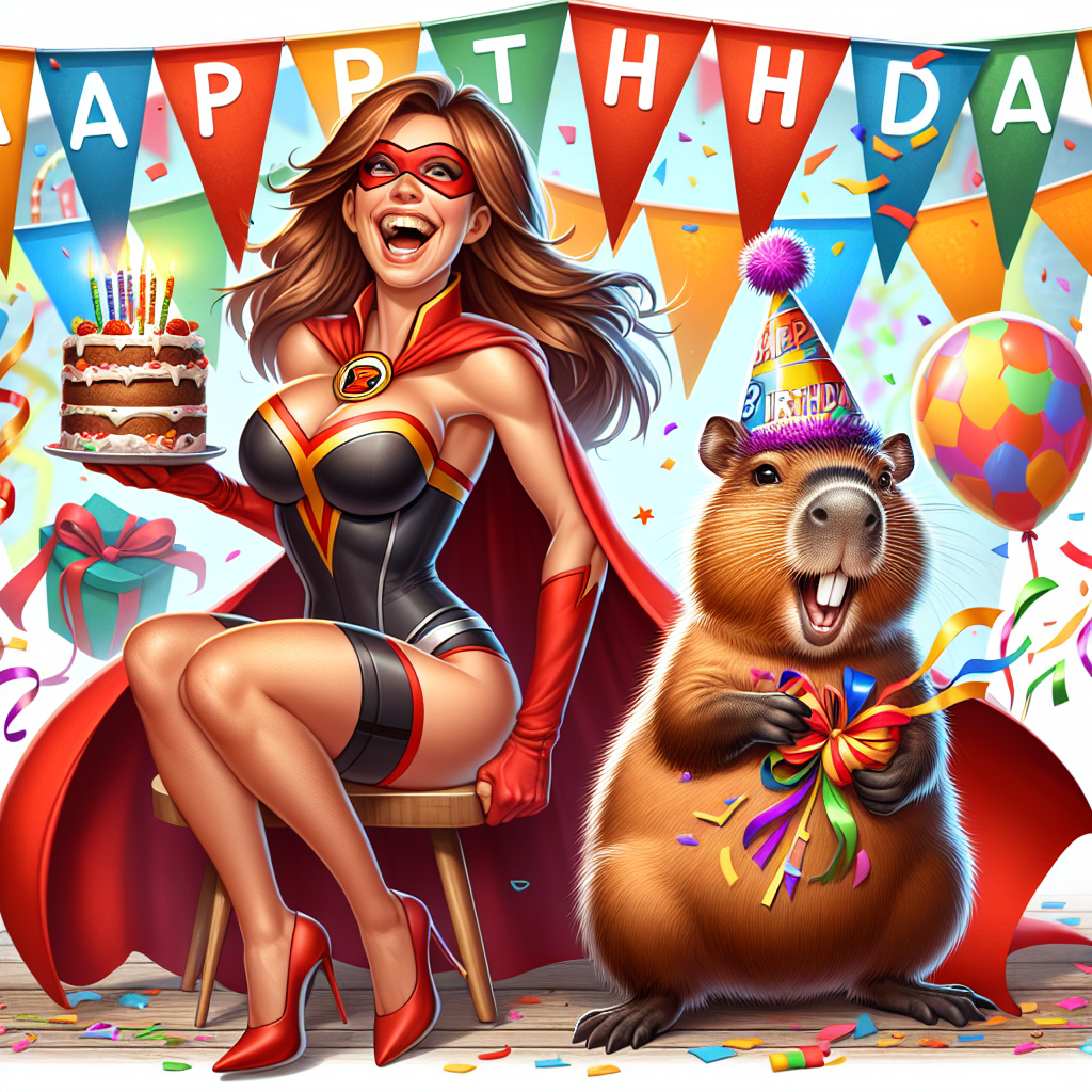 In this jovial cartoon birthday celebration, a female superhero with a powerful physique laughs heartily, her red cape draped over the back of a party chair. Her distinctive emblem is displayed proudly on her chest. Beside her, a delightfully oversized capybara with brown fur dons a whimsical party cone hat, nibbling on colorful party treats. A playful black and white feline, embellished with a comical birthday sash, merrily leaps amid a vibrant downpour of confetti and multicolored streamers.
Generated with these themes: Captain Marvel, Capybara , and Black and white cat.
Made with ❤️ by AI.