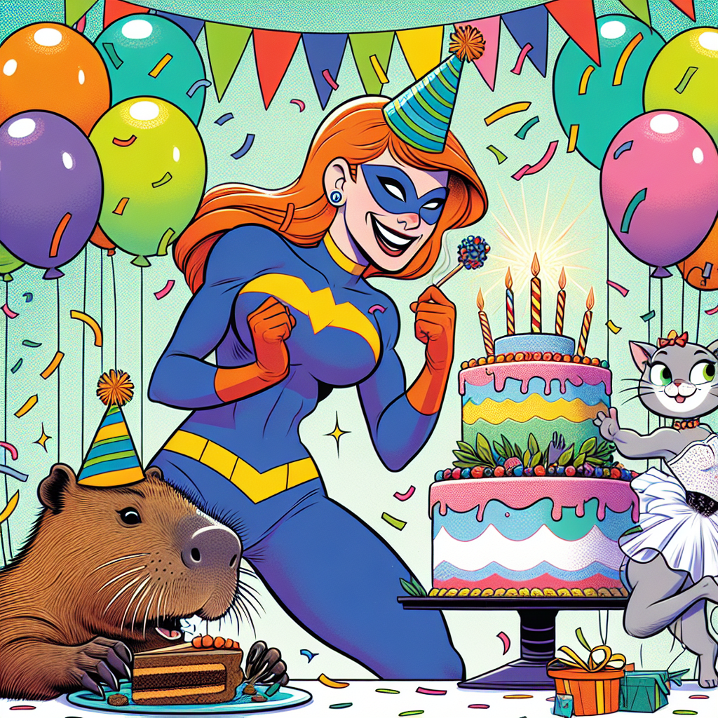A merry scene unfolds in a vibrantly colored cartoon-styled birthday party scene. The central character is a strong, inspiring female superhero, reminiscent of characters in popular comic books, who is wearing a comical party hat and is positioned humorously above a mammoth birthday cake. Next to her, a joyfully depicted capybara sporting a celebratory bow tie is munching on a slice of cake, while a monochrome cat, dressed up in a twinkly tutu, cheerfully toys with floating balloons.
Generated with these themes: Captain Marvel, Capybara , and Black and white cat.
Made with ❤️ by AI.