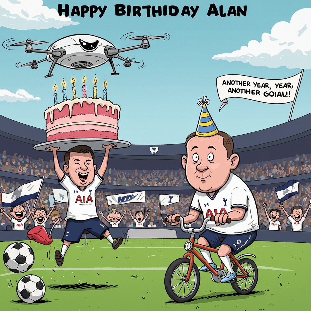 At the top of the Cartoon Style image, include the text: "Happy Birthday Alan"

**Image Prompt:**

Imagine a whimsical cartoon scene where a cheeky drone, decked out in Tottenham football club colors, is playfully lifting a brightly colored birthday cake. Below, a comical character resembling Alan rides a quirky bike, wearing an oversized Tottenham jersey and a party hat that's slightly askew. The bike’s wheels are shaped like footballs, adding an extra touch of fun. In the background, a cartoon-style stadium with cheering fans can be seen, waving flags and banners. A small banner floating in the sky reads, "Another year, another goal!" in playful, bold letters. Bright, vibrant colors and exaggerated features make the scene lively and amusing.
Generated with these themes: Drone. bike Tottenham football club, and .
Made with ❤️ by AI.