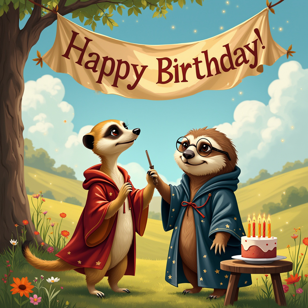 In this whimsical birthday scene, a sunny meadow is the backdrop, dotted with colorful wildflowers and framed by rolling hills in the distance. The focal point is a quirky duo: a cute meerkat and a sloth, both dressed in wizardly Harry Potter-style robes. The meerkat, standing upright with its usual curious stance, has a robe of shimmering scarlet with gold trim, its hood playfully draped down its back. In its paw, it holds the hand of the sloth, whose own robe is a deep navy blue, accented with silver stars that seem to twinkle in the daylight. The sloth wears a pair of oversized round glasses that slightly tilt on its furry face, lending it an adorably scholarly look. Both creatures sport wide, joyful smiles as they engage in this magical moment.

Their hands are clasped in a heartwarming gesture of friendship and celebration, conveying a sense of companionship. Above them, a large, colorful birthday banner flutters gently in the breeze, emblazoned with the words “Happy Birthday Rea!” in bold, enchanting letters that arc across the sky, reminiscent of a Quidditch goal post. This banner adds an extra sprinkle of festivity and personal touch to the scene. A nearby tree adds shade and texture to the meadow, its branches adorned with twinkling fairy lights, and a small cake, set on a rustic wooden table to the side, completes the birthday setting, with its candles softly aglow and a tiny magical wand perched beside it. The whole scene is lively, with hints of classic cartoon stylings, taking subtle inspiration from the iconic artistry of Schulz and Watterson, capturing a moment of pure celebratory charm.
Generated with these themes: A cute meerkat is saying happy birthday to a cute sloth, They are both wearing Harry potter style robes, and They are both smiling, and they are both holding hands, The sloth has glasses , and The meerkat doesn't have glasses .
Made with ❤️ by AI.