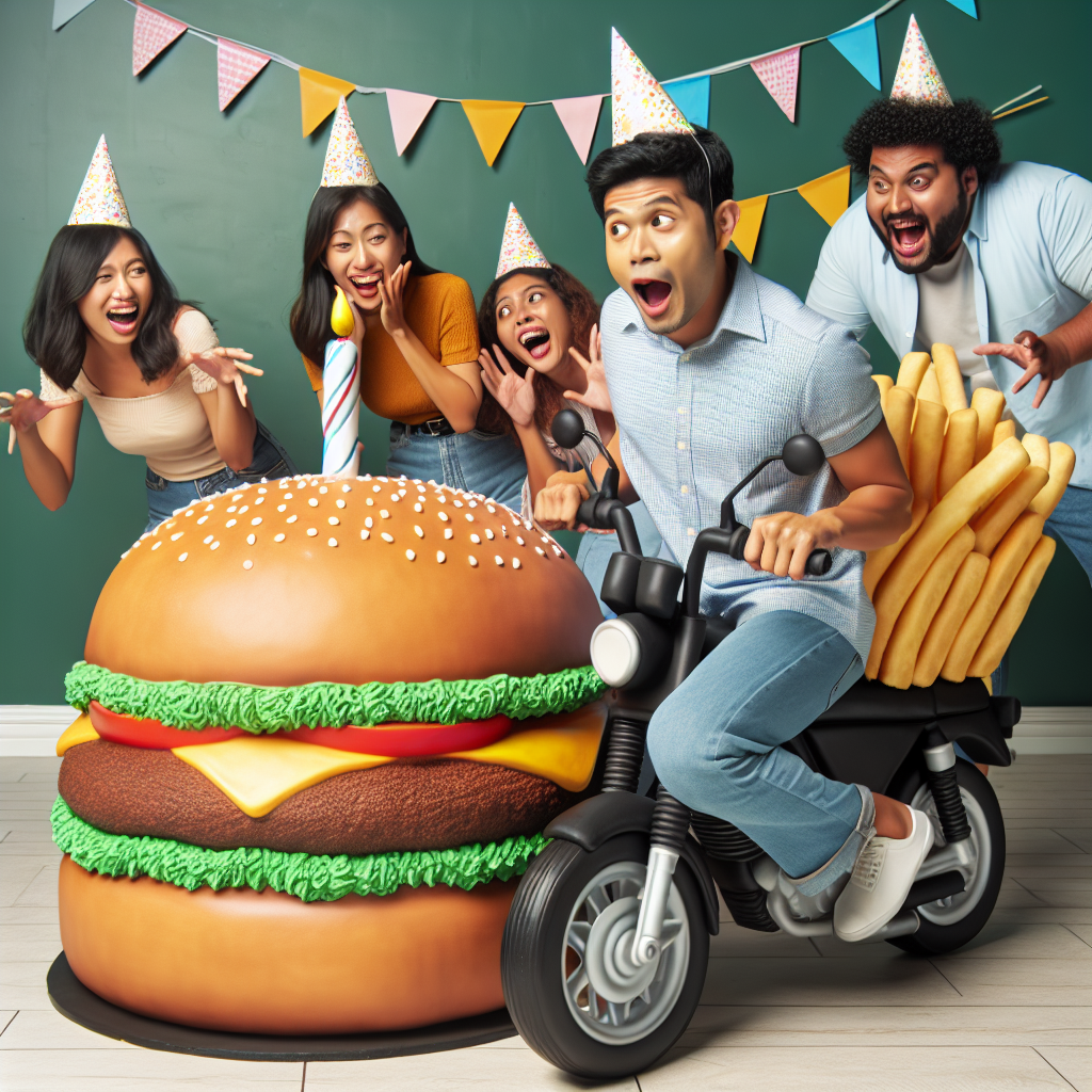 Picture a humorous and lifelike birthday scene unfolding. The person celebrating their birthday, of South Asian descent and male, is startled by an oversized, realistic burger that stands in place of a traditional birthday cake. Friends around him, a Caucasian female and a Hispanic male, are caught in bouts of laughter. The birthday person mimics gripping motorbike handles towards the giant burger, pretending to rev it before making a birthday wish. In a playful gesture, he acts as if he's riding away on a motorbike, leaving an imaginary trail of fries behind him.
Generated with these themes: Five Guys burgers, Cake, and Motorbike.
Made with ❤️ by AI.