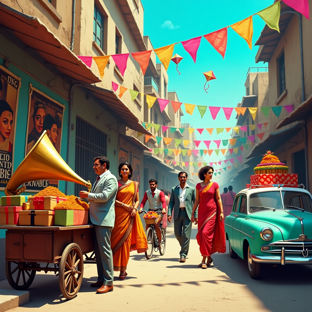 Front and center, imagine a bustling street scene straight out of 1960s Mumbai, the heart of Bollywood's golden era. The background is a vibrant kaleidoscope of color, with vintage movie posters plastered on crumbling walls, showcasing classic Bollywood film stars with dramatic expressions. The posters are slightly weathered, adding an authentic touch to the time period.

In the foreground, a lively street vendor’s cart overflows with colorful spices and fresh flowers—bright saffron, deep red, and vibrant marigold hues that pop against the aged wooden cart. Next to the cart, a portable gramophone stands on a small, ornately carved table, its brass horn gleaming under the sunlight, playing the iconic tunes from Bollywood films of the time.

The street is alive with characters dressed in typical 1960s Bollywood fashion: women draped in vivid, elaborately embroidered saris, adorned with gold bangles and bejeweled bindis; men in sharply tailored suits with slicked-back hair. One gentleman is balancing a towering stack of wrapped birthday gifts, each package a riot of patterns and colors—paisley prints, bold stripes, and polka dots in electric blues, fiery reds, and dazzling golds, each tied with shiny ribbons.

In the distance, a classic Ambassador car, painted in a striking shade of turquoise, is parked next to a bicycle with a basket full of marigolds and a birthday cake precariously perched on top, decorated with multi-colored sugar flowers.

The sky is a clear azure, dotted with colorful kites shaped like stars and hearts flying high, echoing the festive air. A string of vibrant, triangular pennant flags stretches across the scene, fluttering gently in the breeze, adding to the celebratory feel of this lively, cinematic birthday scene.
Generated with these themes: bollywood, 1960.
Made with ❤️ by AI.
