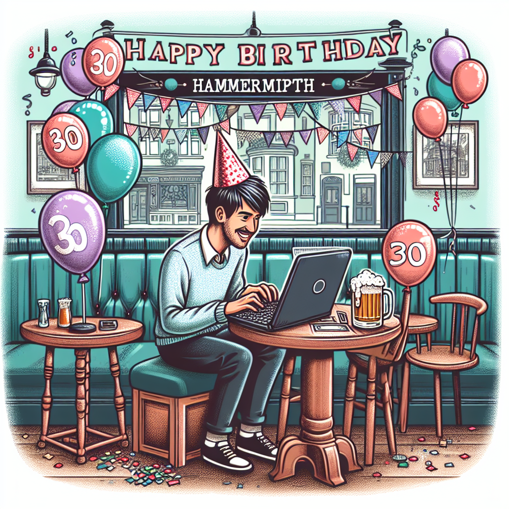 Create a whimsical illustration for a 30th birthday celebration. Picture a cheerful short-haired South Asian man seating in an exuberant pub in Hammersmith. The man is focused on coding on his laptop, with festive balloons and confetti populating the scene. Include a detailed touch of a small beer glass positioned on his desk to symbolize his unique preference for enjoying beer. This splash of personality adds an endearing twist to the theme.
Generated with these themes: Themes: short hair Indian man, 30th birthday, lives in Hammersmith, likes coding, drinking beer from very small glass.
Made with ❤️ by AI.