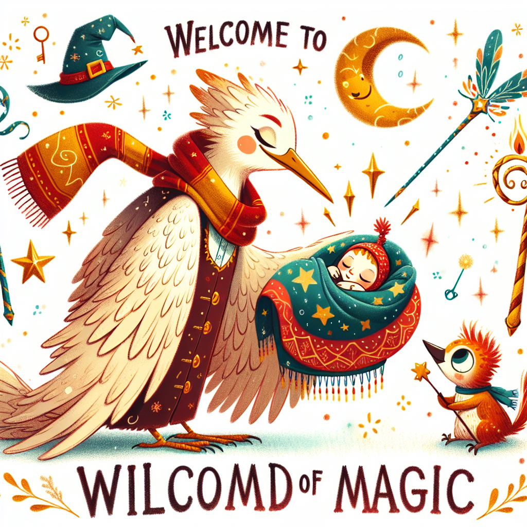 Welcome to a whimsical world of magic with a delightful cartoon illustration. A tall, majestic bird dressed in a red and gold scarf thoughtfully delivers a peacefully sleeping infant swathed in a blanket adorned with stars, wands, and moon crescents. A tiny mythical firebird and a frolicsome critter with a knack for mischief, join the scene, embodying the warmth and excitement of a magical universe that lies ahead for the baby's future adventures.
Generated with these themes: Harry potter.
Made with ❤️ by AI.