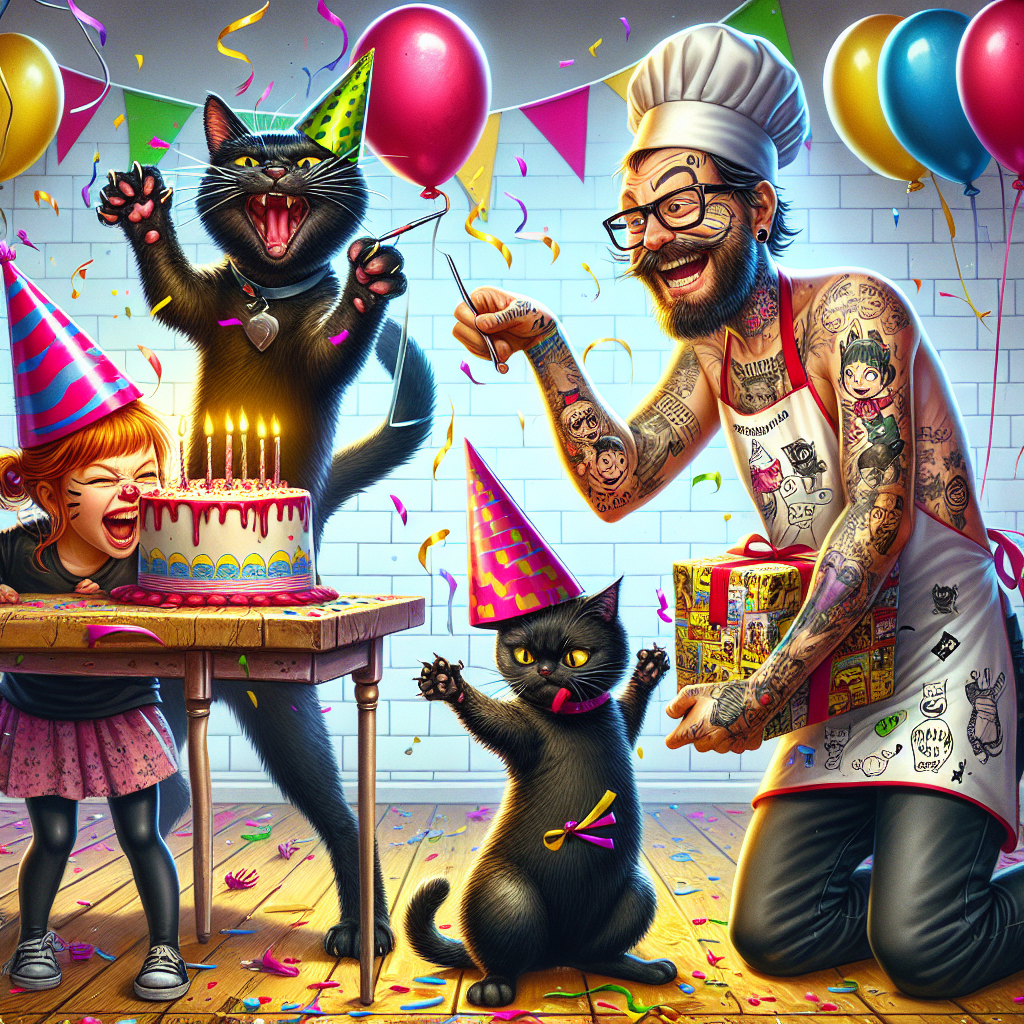 Two black cats, Chef husband with glasses, 8 year old daughter with red hair, 4 year old daughter with brown hair, and Tattoos Birthday Card