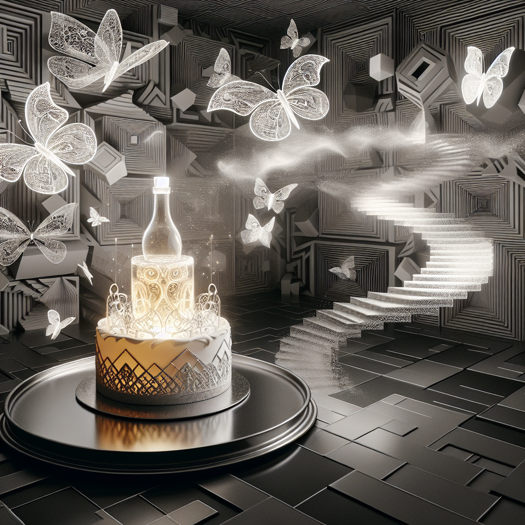 Envision a dreamy birthday setting inside a room that bears resemblance to the complex and mind-bending spaces depicted by M. C. Escher, where floors and walls blend into each other seamlessly. Decorate this space with floating geometric shapes. At the core of the room, place a silver platter with a ghostly translucent birthday cake offering a glimpse of a luminous bottle inside it. Imagine abstract, whimsical vectors resembling mechanical butterflies fluttering around the cake, their wings showcasing intricate patterns that resemble lacing on a vintage glass. They leave behind intricate patterns in their flight. The scene is set in a haunting monochrome palette, with traces of gold emanating from the bottle in the cake, creating an intense, enchanting contrast. This is an otherworldly birthday celebration.
Generated with these themes: Stella artios.
Made with ❤️ by AI.