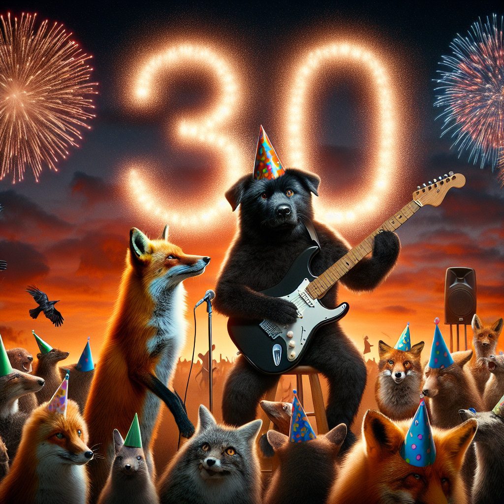 Create a humorous birthday celebration scenario. The main protagonists are a black dog gripping an electric guitar in their paws and a fox standing near a microphone, both appearing as though they are the stars of a heavy metal concert. The sky is ablaze with sparkling fireworks that have been choreographed to form the number '30', offering a remarkable contrast to the rock concert. The audience, comprised of varied animals, sports party hats and their amused expressions strike a paradoxically festive ambience against the backdrop of the intense performance.
Generated with these themes: Black dog, Fox, Metal music, and 30.
Made with ❤️ by AI.