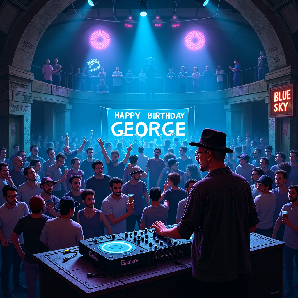 In the dimly lit ambiance of an underground club in England, where shadows dance to the beat of an entrancing drum n bass rhythm, Walter White—aka Heisenberg from Breaking Bad—stands as an unexpected DJ. Clad in his signature hat and glasses, his hands deftly manipulate the decks, casting a stern yet focused gaze over the swarming dance floor. The club, a blend of vintage and contemporary, features walls adorned with a chaotic collage of graffiti and posters that reference both the rave scene and iconic moments from Heisenberg’s life, like a stylized blue crystal meth design or a silhouette of the RV.

Suspended above him, colorful lights intermittently flash and spin, projecting vibrant hues across the enthusiastic crowd. Below, a throng of ravers moves in unison, their bodies a sea of undulating forms, pulsing in time to the deep bass lines. Each person is caught in the throes of joyous celebration, their faces lit with excitement. In the midst of this energetic wave, one focal point emerges: a group of exuberant party-goers holding a large, banner with the words “HAPPY BIRTHDAY GEORGE” emblazoned in neon letters. 

Among the dancers, an eclectic mix of fashion is evident—from neon-painted faces and glow sticks to old-school band tees and bucket hats, paying homage to the rave culture of the 90s and 2000s. In one corner, a man sporting a Gas mask bong peeks through the crowd, a nod to both the club scene and Heisenberg's darker, alchemical exploits. Above, a mezzanine holds a few laid-back observers, raising glasses to the vibrant scene below, adding layers to the festivity.

The scene captures an amalgamation of cultures and eras, with details like oversized speakers in the background and a DJ booth that sports Heisenberg’s iconic ‘Blue Sky’ brand, cleverly designed as an LED display, illuminating the surrounding space with an azure glow. The energy is palpable in this illustrative moment, a fusion of character-driven narrative and cultural celebration, set to the backdrop of electronic beats in a quintessentially British club setting.
Generated with these themes: Heisenberg form breaking bad is the  DJ at a drum n bass rave in england uk club, and Crowd is shouting 'HAPPY BIRTHDAY GEORGE' .
Made with ❤️ by AI.