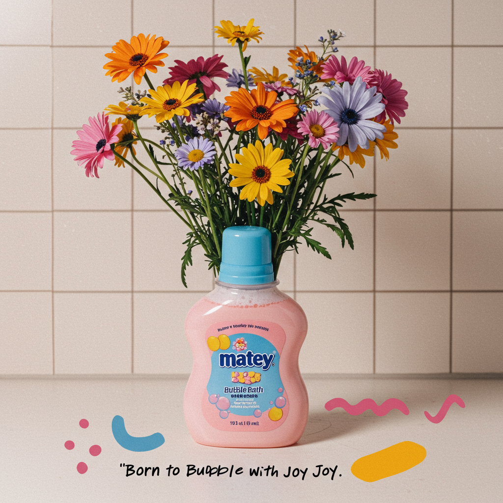 **Prompt for Image Creation:**

Imagine a nostalgic nod to the 1990s with a vibrant, abstract composition capturing the essence of a joyful new-baby celebration. In the forefront, a whimsical and colorful bottle of Matey bubble bath is creatively repurposed as a vase, bursting with a lively array of wildflowers. The abstract style transforms this scene into a playful dance of geometric shapes and fluid curves, interwoven with bold, high-contrast colors. The background reveals a subtly textured tiled wall that frames the scene with modern expressive art elements.

To add a cheeky touch to the abstract artwork, a single short line of text is artistically woven into the image: "Born to Bubble with Joy!" 

This greeting card front cover combines the nostalgia of the 90s with a contemporary artistic flair, perfect for celebrating the arrival of a new bundle of joy.
Generated with these themes: .
Made with ❤️ by AI.