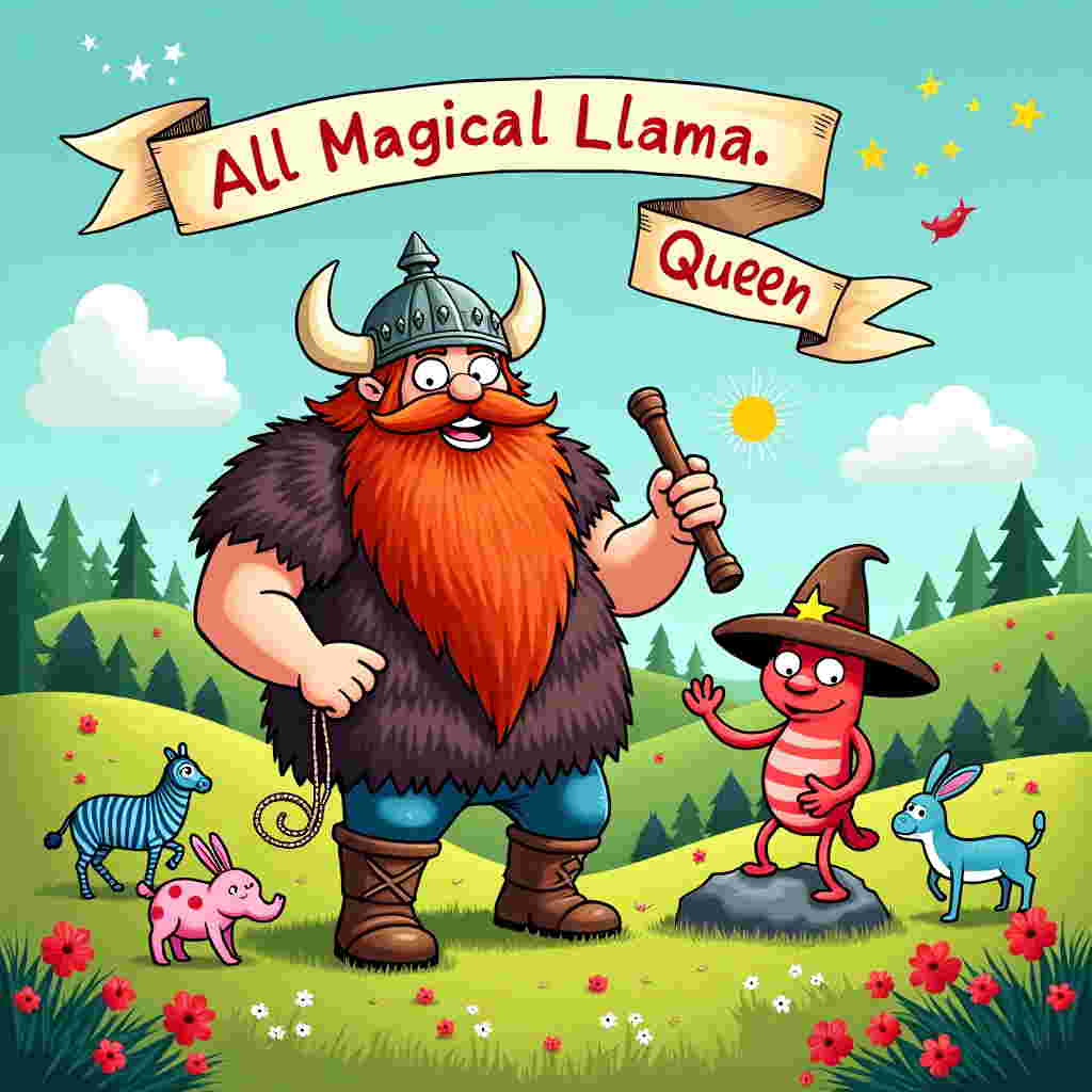 In the vibrant world of this birthday greeting card, a lively, cartoonish scene unfolds against a lush, rolling green landscape dotted with bursts of wildflowers in reds, blues, and yellows. Towering in the center is a jubilant Viking, complete with an oversized horned helmet and a bushy red beard that flows like a waterfall. His body is exaggeratedly round and jovial, and he is joyously cranking a hurdy-gurdy, which is adorned with intricate Norse patterns. The hurdy-gurdy itself is painted in bright yellows and blues, standing out against his earthy-toned fur tunic.

Nearby, perched on a rock, is a shrimp wearing an oversized, comically large cowboy hat that’s tilted slightly to one side. The hat is a deep, sun-worn brown with a star badge pinned on the front. The shrimp’s eyes are wide and gleaming, comically large compared to its tiny, segmented body, and it holds a mini lasso, as if ready to wrangle the day.

Scattered around them, a medley of cartoon-style animals prances about. There's a blue-striped zebra, a polka-dotted pink rabbit, and a tiny green elephant with a comically long trunk. Each animal is drawn with exaggerated limbs and expressions, reminiscent of Bill Watterson's playful art style. They dance and frolic under a bright, sky-blue sky, where fluffy white clouds float lazily.

Above this whimsical tableau, suspended in the sky like a royal decree, is a flowing banner proclaiming "All Magical Llama Queen." The banner is decorated with twinkling stars and tiny illustrations of crowns. Its edges flutter gently in a non-existent breeze, and the text is in a bold, playful font, reminiscent of vintage comic book lettering. Behind the scene, hills roll softly in the background, dotted with cartoon-style trees and an occasional bird drawn in simple strokes, adding to the playful, surreal atmosphere of the scene.
Generated with these themes: Viking playing a hurdy gurdy, A shrimp wearing a cowboy hat, and Animals prancing around in a nature scene.
Made with ❤️ by AI.