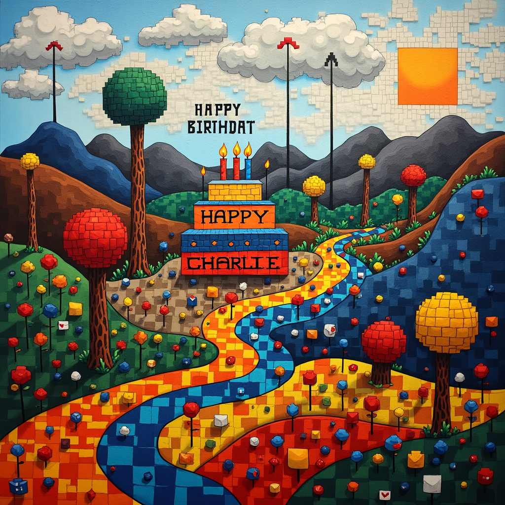 The scene is set in an abstract Minecraft-inspired landscape, combining the geometric flair of Piet Mondrian with the playful spontaneity of Joan Miró. Picture a vibrant, pixelated terrain as the backdrop, where blocky mountains rise like colorful, angular waves against a sky splattered with Jackson Pollock's chaotic energy. The grass is a quilt of bold, Mondrian-esque primary colors, creating a lively grid-like pattern. Sprouting from the ground are whimsical trees that twist and twirl with de Kooning-like fervor, their leaves a riot of swirling Kandinsky-inspired circles. In the center, a gigantic birthday cake sits atop a Rothko-style color field, its layers each a different abstract pattern, decorated with confetti-like splotches reminiscent of Cy Twombly's scribbles. The cake's candles flicker with a surrealist twist, curving in unexpected directions like Miró's abstract forms. Above, in the sky, fluffy clouds arranged in Malevich's Suprematist style spell out "Happy Birthday Charlie" in blocky Minecraft font, each letter a different color, hovering amidst a light sprinkle of pixelated, Richter-esque gradients. On a hill in the background, a square sun sets in a band of softly colored, Agnes Martin-like stripes, completing this whimsical abstract birthday wonderland for Charlie.
Generated with these themes: minecraft background.
Made with ❤️ by AI.