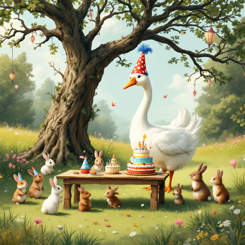 In the whimsical world of our birthday greetings card, a charismatic goose dons an oversized, flamboyant party hat that teeters comically on its head, the bright red and white polka-dotted cone topped with a precarious tuft of blue feathers. The goose stands proudly at the center of a lush, grassy meadow, a picturesque setting that subtly nods to Beatrix Potter's charming animal worlds. Around the goose, a delightful congregation of woodland creatures—rabbits, hedgehogs, and squirrels—gather in a semi-circle, each with their tiny hats and festive garb, reminiscent of Arthur Rackham’s animated yet finely detailed figures. 

A tall, twisting oak tree stands prominently to the left, with branches that reach out like welcoming arms, each adorned with colorful streamers and lanterns, casting dappled light on the scene below. Under the tree, a quaint wooden table, akin to those found in a Maurice Sendak tale, is laden with a vibrant spread: an enormous cake layered with pastel pink and white frosting, a pile of neatly wrapped gifts, and a scattering of freshly picked wildflowers.

To the right, a bubbling brook winds its way through the meadow, its banks dotted with clusters of forget-me-nots and daisies, invoking Maxfield Parrish’s enchanting use of natural beauty. Overhead, a flock of birds—perhaps crows with a nod to Edward Gorey’s love for the macabre—hold a long garland of tiny, colorful flags in their beaks, stringing it across the sky like a festive banner.

In the background, rolling hills provide a gentle backdrop, reminiscent of N.C. Wyeth’s grand landscapes, while a distant sun sets, casting long shadows and a warm glow that hints at a magical twilight hour. The card is bordered by intricate, swirling patterns of leaves and tendrils, an homage to the detailed line work of Aubrey Beardsley. This card captures a moment of playful revelry, blending the classic charm of storybook illustrations with the lively antics of a goose-led birthday bash.
Generated with these themes: Goose with party hat.
Made with ❤️ by AI.