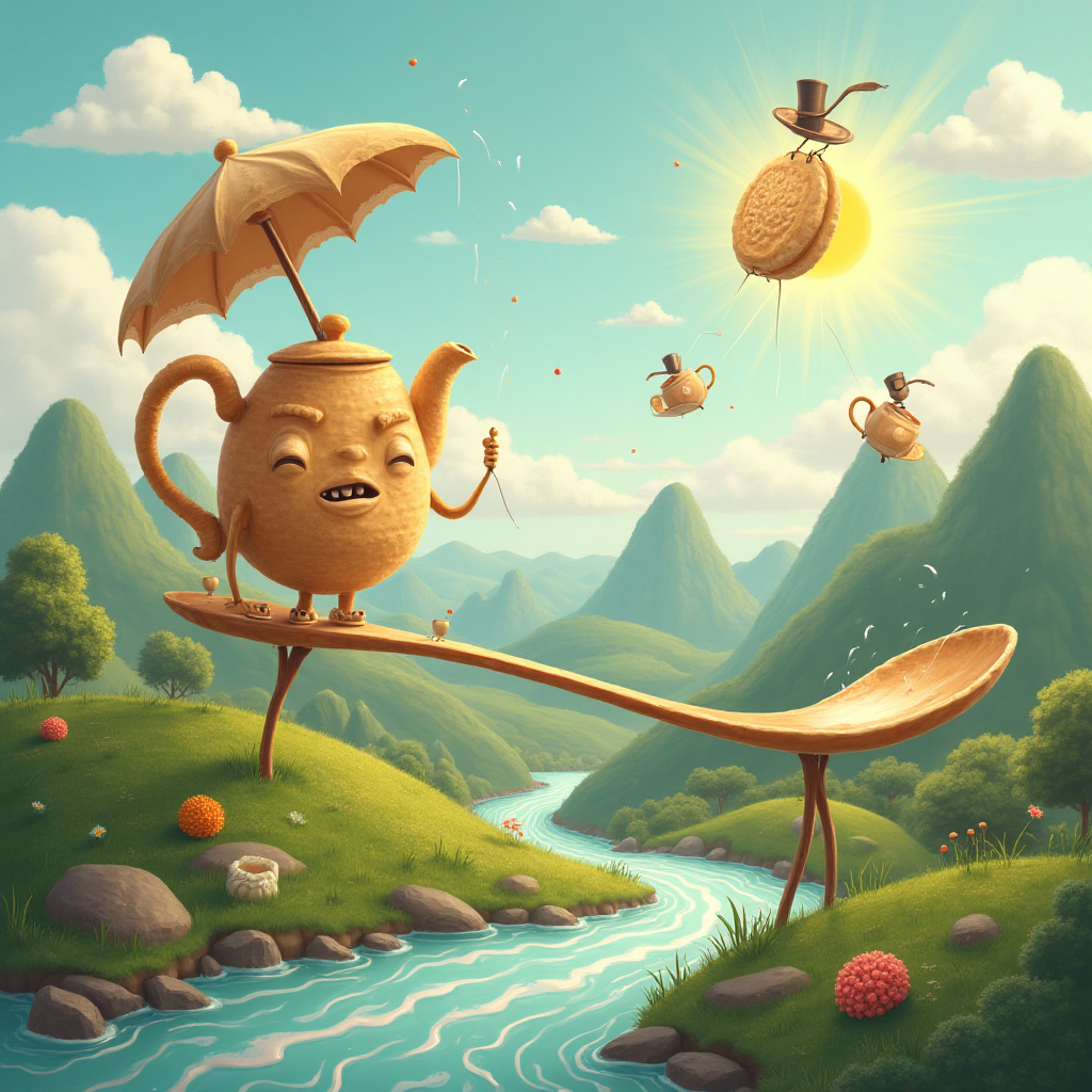At the top of the Surreal Style image, include the text: "Happy Father's Day!"

**Image Prompt:** Imagine a whimsical Yorkshire tea land where teapots and teacups form a mountainous terrain, their spouts pouring streams of aromatic tea that wind like rivers through a verdant landscape. In the foreground, a giant biscuit with arms and legs holds an umbrella to shield itself from a light drizzle of milk, while balancing on a spoon-shaped seesaw. In the sky, a sun made of a crumpet smiles down warmly, casting buttery rays. A cheeky teabag dangles from a cloud, its string caught on a gust of wind, while tiny, top-hatted sugar cubes ride saucers like hoverboards in the background. The scene exudes a playful surrealism, perfect for a Father's Day card with a humorous twist.
Generated with these themes: Yorkshire tea land, and .
Made with ❤️ by AI.