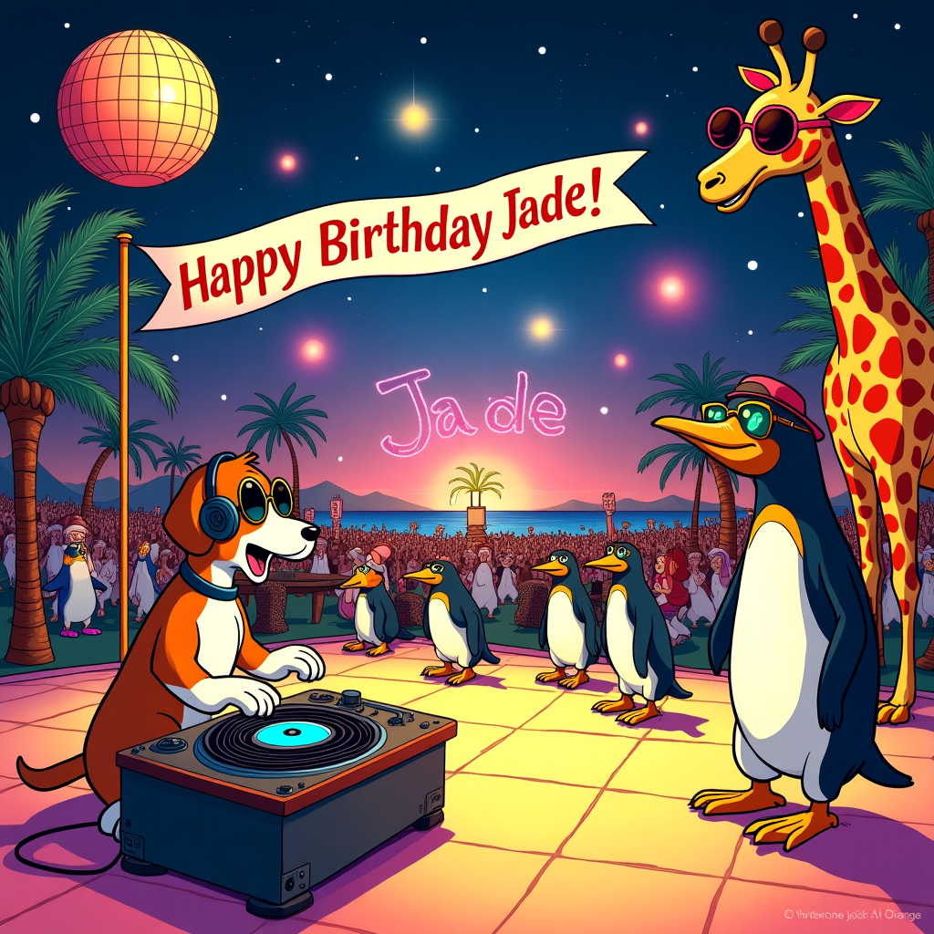 The scene is set on the vibrant and animated dance floor of an Ibiza club, under a surreal and starry night sky reminiscent of Winsor McCay's dreamscapes. The club is filled with cartoon animals, each representing a unique personality in the style of Gary Larson's quirky and unexpected humor. In the foreground, an exuberant DJ is a beagle with oversized headphones, a nod to Charles Schulz's Snoopy, spinning records on a turntable that appears to be made from vinyl pizzas. To the right, a dancing giraffe wearing neon sunglasses, styled like a character from an Osamu Tezuka manga, towers above the crowd, rhythmically swinging its neck to the beat. Nearby, a group of mischievous penguins, reminiscent of Bill Watterson's playful Calvin and Hobbes characters, perform a conga line with a banner that stretches overhead reading "Happy Birthday Jade!" in big, bold, bubble letters. 

The backdrop features a colorful, pulsating light show, where lights occasionally form the letters of Jade's name in the sky, inspired by Walt Disney’s fireworks. On a table in the corner, a cake in the shape of a giant disco ball gleams with edible glitter, its surface reflecting the dazzling lights. Above, a whimsical thought bubble, in the style of R. Crumb’s exaggerated comix, drifts from a hipster flamingo in roller skates, pondering the secrets of the universe. In true Hergé fashion, every element is detailed with clean lines and vibrant colors, inviting the viewer to explore the intricacies of this festive cartoon fiesta. The scene captures the essence of a dynamic celebration with a unique twist, weaving together the distinct artistic influences to create a memorable birthday card cover for Jade.
Generated with these themes: Ibiza club.
Made with ❤️ by AI.