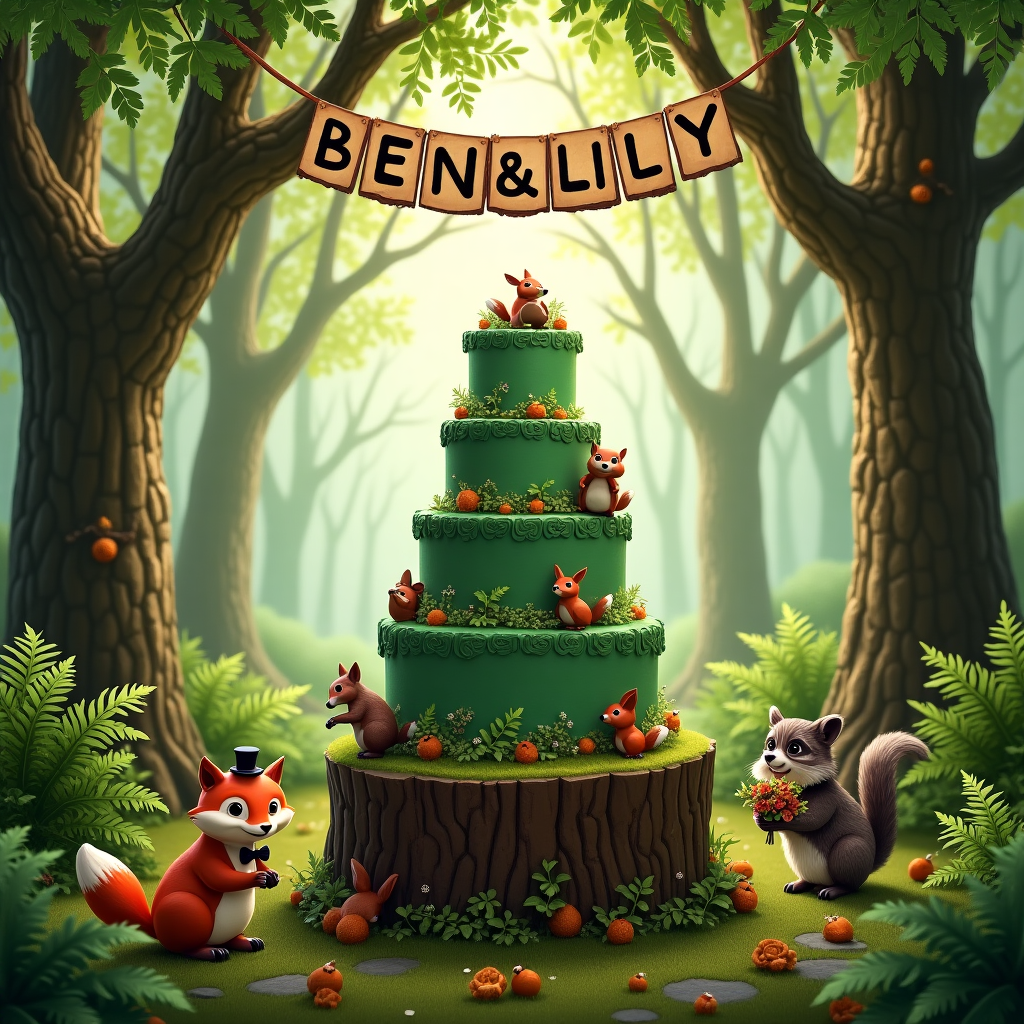 In the whimsical heart of a lush, enchanting forest, a lively wedding celebration unfolds in a most unexpected manner. The foreground is dominated by an oversized wedding cake perched precariously on a large, moss-covered tree stump. This cake is a masterpiece of forest-inspired creativity, with tiers adorned in emerald green frosting that mimic the look of verdant foliage. Small edible creatures, like chocolate squirrels and marzipan birds, scamper playfully around the cake. Above the cake, suspended from the branches of two intertwined trees, is a charmingly rustic banner made from slices of wood, each slice bearing a letter, spelling out "Ben & Lily" in bark-colored script. On either side of the cake, tall forest ferns fan out, creating a natural frame. Behind this sweet centerpiece, the forest comes alive with a gathering of woodland creatures attending the wedding, each sporting a festive accessory: a bow tie-wearing fox, a rabbit in a tiny top hat, and a raccoon playfully holding a bouquet of wildflowers. The canopy of leaves overhead is dappled with sunlight, casting a mosaic of shadows on the forest floor. Scattered among the trees are quirky details like tiny string lights twinkling from branches, and a squirrel DJ spinning a record made of a giant acorn cap. The forest echoes with the joyous, silent melody of this unique celebration.
Generated with these themes: Forest.
Made with ❤️ by AI.
