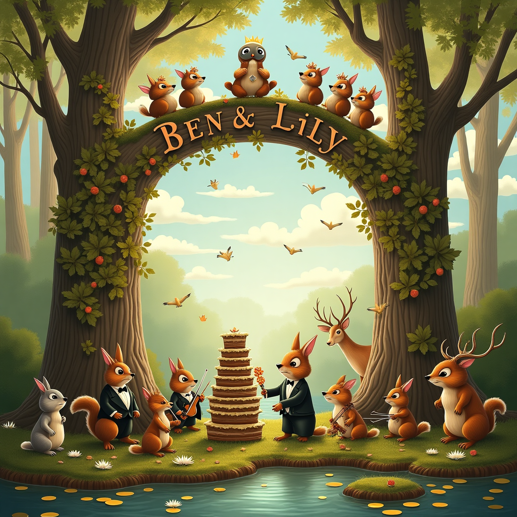 In the heart of a whimsical, enchanted forest, where the trees wear crowns of moss and dappled sunlight dances on a tapestry of leaves, a wedding celebration unlike any other unfolds. In the foreground, a lively gathering of woodland creatures – including a family of tuxedo-clad squirrels, a wise old owl officiating from a mossy log podium, and a hedgehog string quartet – add an air of magical realism. The squirrels are busy assembling a towering cake of stacked acorn caps, topped with edible blossoms. Off to the side, a band of rabbits perform an enthusiastic jig, their feet kicking up a swirl of autumn leaves. Above this merry scene, two towering trees arch their branches together to form a natural chapel-like canopy. Carved into their bark, with curling tendrils of ivy forming delicate curlicues around the letters, are the names "Ben & Lily." High in the sky, fluffy clouds have arranged themselves into soft, cursive letters, echoing the names carved into the bark below. This celestial signage is bordered by flocks of birds, creating a playful frame with their synchronized flights. Nearby, a river babbles happily, its surface dotted with floating lilies, their petals shimmering with dew. A deer stands at the water's edge, looking on as if acknowledging the special day. The entire scene is a whimsical blend of nature's splendor and fantasy, capturing the spirit of a love that is both timeless and unique.
Generated with these themes: Forest.
Made with ❤️ by AI.