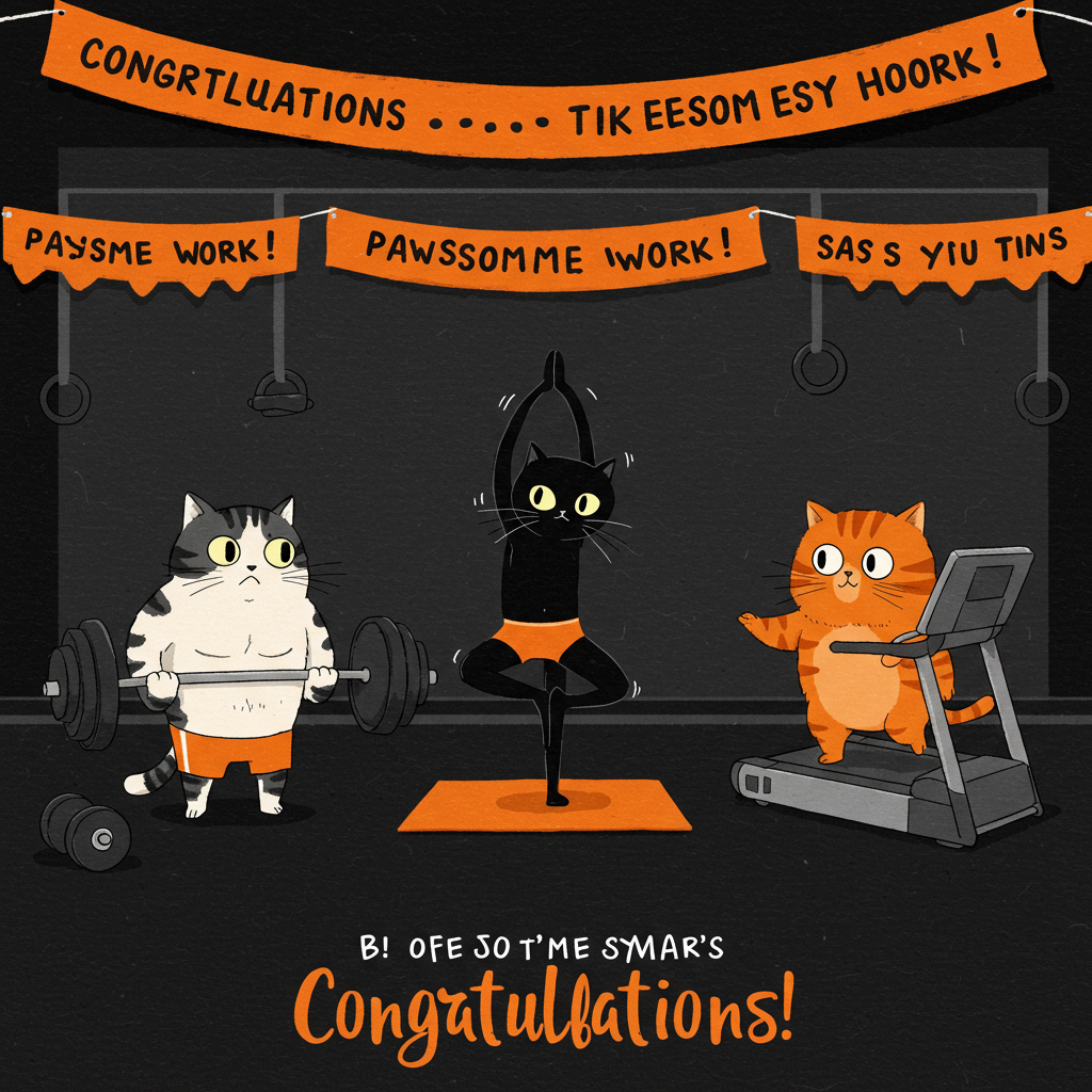 Three cats at the gym, Black and orange colour theme, and Congratulations Card