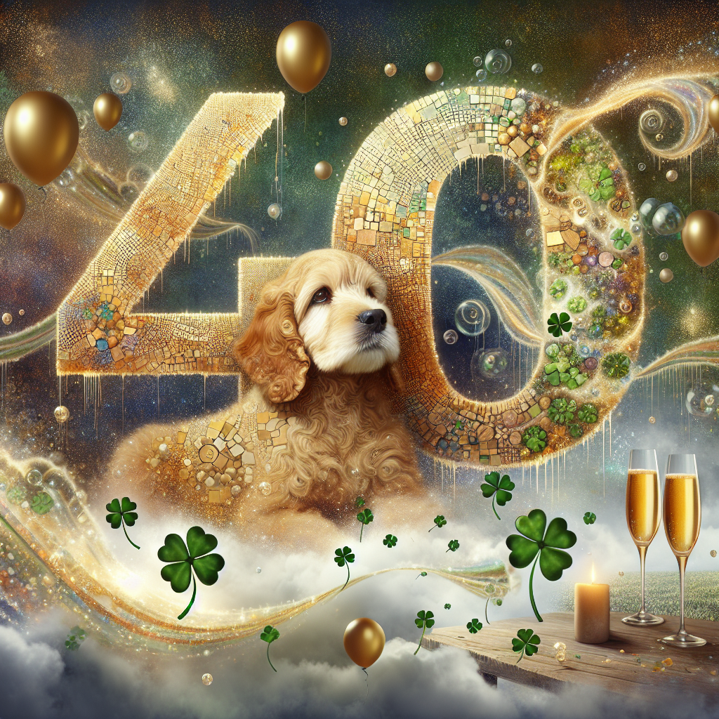 Create a dreamscape where the number 40 is the centerpiece, formed from a mosaic of golden hues, similar to the luster of a cockerpoo's shiny coat. This significant numerical figure floats in an ethereal space where streamers in shades of green, white, and gold intertwine, symbolizing prosperity and vitality. Additional elements in the scene are effervescent bubbles rising from champagne glasses to signify celebration. Wisps of luck are represented by whimsically scattered shamrocks. Throughout this picturesque ensemble, instances of light reflecting off surfaces, producing an illusion of glitter and sparkles that seem to dance in the air.
Generated with these themes: 40, Golden cockerpoo, Green white gold, Champagne , Shamrocks, and Glitter and sparkles .
Made with ❤️ by AI.