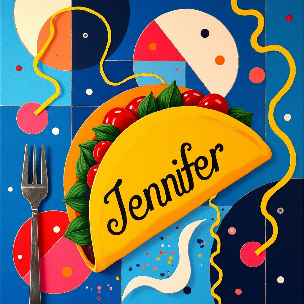 The front cover of the greeting card should be a vibrant collision of geometric forms and playful abstractions, inspired by a fusion of the vibrant color palettes and structures of artists like Mondrian and Kandinsky, with a splash of Pollock’s energetic texture. 

### Background:
A rich, deep cerulean blue canvas serves as the background, layered with translucent washes of pale gold and white, reminiscent of Rothko’s fields of color, adding depth and subtle texture.

### Central Elements:
- **Taco Geometry**: In the center, a stylized taco is depicted using bold geometric shapes. The shell is an exaggerated crescent of mustard yellow and ochre, filled with layered blocks of avocado green, tomato red, and cheese orange. Each ingredient appears as distinct, angular forms, channeling Malevich’s suprematism.

- **Italian Accents**: Interspersed with the taco are abstract representations of Italian cuisine. Circular forms echo the presence of pizza slices, with sections of fiery red, basil green, and creamy white — inspired by Mondrian’s grid-like precision. Spiraling spaghetti-like lines of pastel yellow, inspired by Cy Twombly, snake playfully across the composition.

### Decorative Features:
- **Floating Orbs and Swirls**: Miró-inspired orbs of cobalt blue and bright magenta float across the canvas, some connected by whimsical, black, curvilinear lines. Twisting ribbons of color wrap around these elements, adding dynamism akin to de Kooning's sweeping brushstrokes.

- **Abstracted Cutlery**: In the lower left corner, suggestive forms of a fork and a spoon, painted in a metallic silver-grey with Pollock-style speckles, add an abstract touch.

### Text Element:
- **“Jennifer”**: The name is creatively integrated into the scene, formed by floating, blocky letters that mimic the shapes within the taco. The letters are bright tangerine, outlined in bold black, cascading vertically down the side of the taco, melding into the art without disrupting the abstract flow.

### Overall Composition:
The card is a harmony of color and form, celebrating Jennifer's birthday with an artful nod to both tacos and Italian delicacies, encapsulating the festive and abstract essence inspired by the artists mentioned.
Generated with these themes: Tacos and Italian food.
Made with ❤️ by AI.
