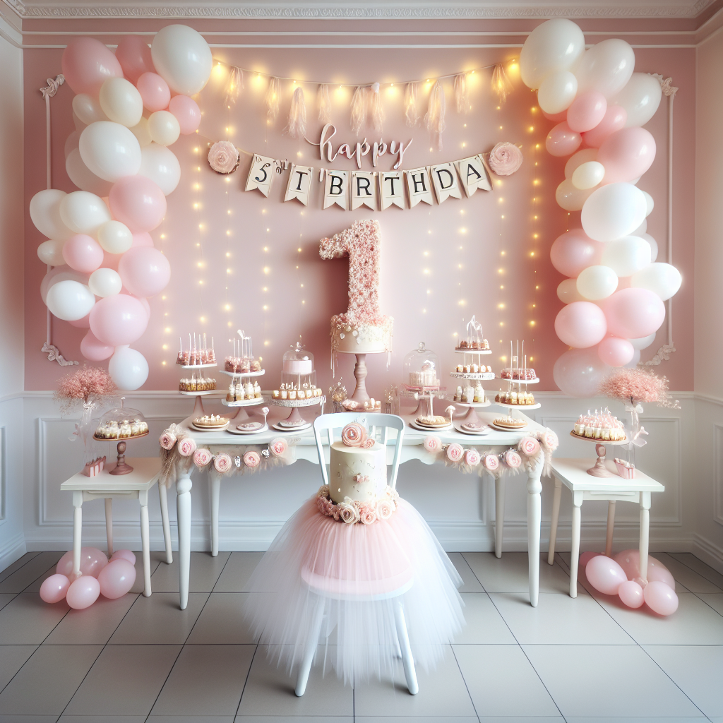 Imagine a delightful, realistic scene for a Caucasian little girl's first birthday party that balances cuteness with intricate details. The room exudes a soft glow from white fairy lights artistically draped alongside pink and white balloons arranged into the shape of number '1'. The birthday child's highchair is uniquely decorated with a tutu skirt, and an elegant, handcrafted banner that reads 'Happy 1st Birthday' in graceful cursive is floating above it. A dessert table is a prominent feature, boasting a selection of petit fours and a single-tiered, lifelike vanilla cake adorned with pink icing rosettes. The cake is topped with a shiny 'one' topper — a captivating sight for guests of all ages.
Generated with these themes: 1st Birthday girl.
Made with ❤️ by AI.