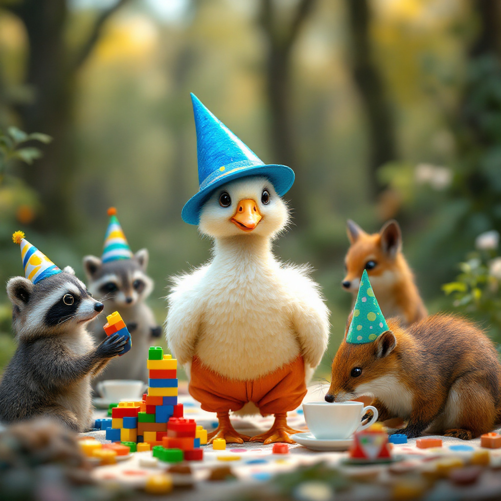 In the heart of an enchanted woodland clearing, a whimsical tea party unfolds, capturing the joyous chaos of a birthday celebration. At the center of this scene is a silly baby goose, its fluffy down contrasting humorously with a pair of bright red trousers and a comically oversized blue party hat that wobbles with every movement. This quirky avian host stands atop a picnic blanket patterned with colorful polka dots, its tiny webbed feet peeking out from the cuffs of its trousers. Around the blanket, a delightful assembly of woodland creatures, each adorned with vibrant party hats of their own, gather in merriment. To the left, a raccoon sporting a shiny silver top hat is meticulously stacking Lego bricks, constructing a multicolored tower that teeters playfully. Beside the raccoon, a squirrel in a striped party hat clinks a teacup with a mischievous grin. Opposite them, a fox with a dapper monocle adjusts its emerald green party hat as it peers curiously at the scene. Dominating the center of this joyful gathering is a grand birthday cake, decorated with icing flowers and topped with a single candle that flickers gently in the breeze. The air is alive with the playful chatter of the creatures, and a gentle scattering of leaves rustles around them, completing this enchanting tableau of a woodland birthday party that blends nature’s charm with delightful absurdity.
Generated with these themes: A silly baby goose wearing trousers and a party hat surrounded by other woodland creatures wearing party hats at a Tea party with a birthday cake, Raccoon, Lego, and Birthday cake.
Made with ❤️ by AI.