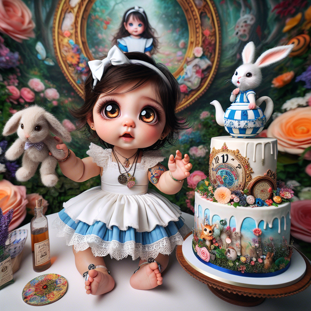 Envision a scene composed with utmost fascination. A kawaii, wide-eyed baby girl of Hispanic descent is the focal center. The imagination takes a leap into the world of wonderland themed upon Alice. She is adorned in a cute white and blue dress, symbolic of Alice's attire. Her curious hands reach out for a cuddly rabbit toy, set oppositely to a vibrantly decorated cake. The cake is a sight of wonder, embellished with intricate detailing like a teapot, floral designs, and adorned with the number '1', signaling her first celebrated birthday. The background is a artistic craftwork of lively flower arrangements and illustrations from the storybook, conjuring up an enchanting atmosphere for the baby's first birthday.
Generated with these themes: 1 year old, Baby girl, and Alice in wonderland.
Made with ❤️ by AI.