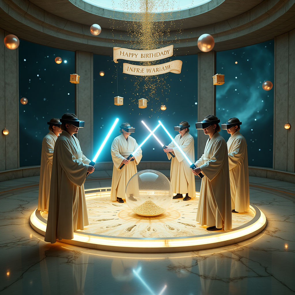 In a realm where time and space have blended into a whimsical tapestry of imagination, our scene unfolds within a spherical chamber that seems to hover weightlessly amongst a backdrop of swirling nebulae. The chamber's walls are adorned with constellations that twinkle in sync with the soft electronic hum of unseen machinery. In the center, a circular floating platform made of translucent, shimmering crystal hovers gently above the chamber floor. Upon this platform, a group of Jedi, each robed in traditional flowing attire, don sleek, futuristic Oculus headsets. The headsets emit a soft, iridescent glow that highlights the intricate designs on their robes—patterns reminiscent of ancient star maps. Each Jedi wields a lightsaber, but instead of typical hues, the blades radiate holographic images of birthday cakes, balloons, and cheerful streamers, their flickering light casting playful shadows across the chamber. Floating around the platform are small, robotic droids, each shaped like a gift box wrapped in metallic foil, projecting holographic birthday greetings in a variety of languages. In one corner of the chamber, a large, ethereal hourglass slowly spills a cascade of golden glitter, marking the passage of time in this surreal celebration. Above, suspended in mid-air, a banner made of glowing stardust spells out "Happy Birthday" in elegant, sweeping script. The scene is a fusion of classic and modern elements, celebrating not just a birthday, but the union of ancient Jedi wisdom with the boundless possibilities of virtual reality.
Generated with these themes: Jedi wearing oculus headsets.
Made with ❤️ by AI.