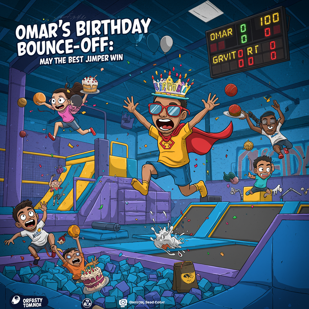 At the top of the vector image: "Omar’s Birthday Bounce-off: May the Best Jumper Win!"

A vector-style image in a bold blue and red color palette featuring a hilarious scene at an indoor trampoline park (like Urban Air). Omar, depicted as a cartoon character with wild birthday shades and a red superhero cape, is mid-air in a ridiculously dramatic slow-motion bounce. Around him are goofy characters flying through the air — one tangled in dodgeballs, another upside down with cake flying from their hands. Background includes inflatable obstacle courses and foam pits, all humorously exaggerated. Confetti explodes everywhere, and a scoreboard flashes: “Omar: 100 – Gravity: 0”. The entire scene has a chaotic but cheerful urban amusement vibe, bursting with playful motion and fun details.
Generated with these themes: Blue and Red theme at urban air .
Made with ❤️ by AI.
