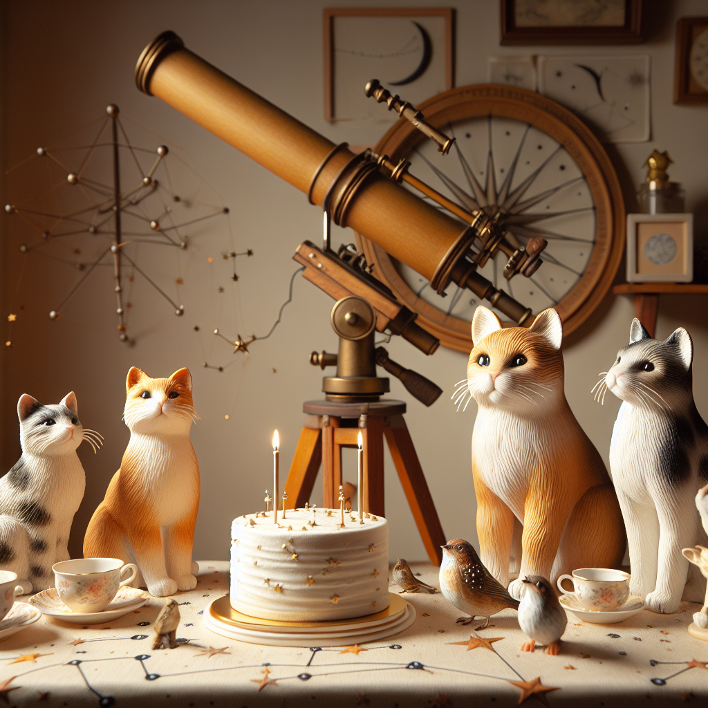Visualize a warm and inviting birthday scene featuring a group of realistically crafted cat figurines. One is a ginger cat with soft orange and white fur, another is an elegant tuxedo cat, and the third is a cat speckled with white spots. Each figurine boasts exquisitely detailed whiskers. They are assembled around a birthday cake, surrounded by dainty tea sets made for feline-sized paws. The backdrop hosts a handmade telescope that frames a European robin and a petite wren, detailed with lifelike feather textures. The ambiance incorporates subtle hints of astronomy, observable in the constellation adorned edges of the tablecloth, fostering an intimate celebration under the starlit skies.
Generated with these themes: Ginger cat , Tuxedo cat, White spotted cat, Tea , Cake, Telescope, European robin, Wren, and Astronomy.
Made with ❤️ by AI.