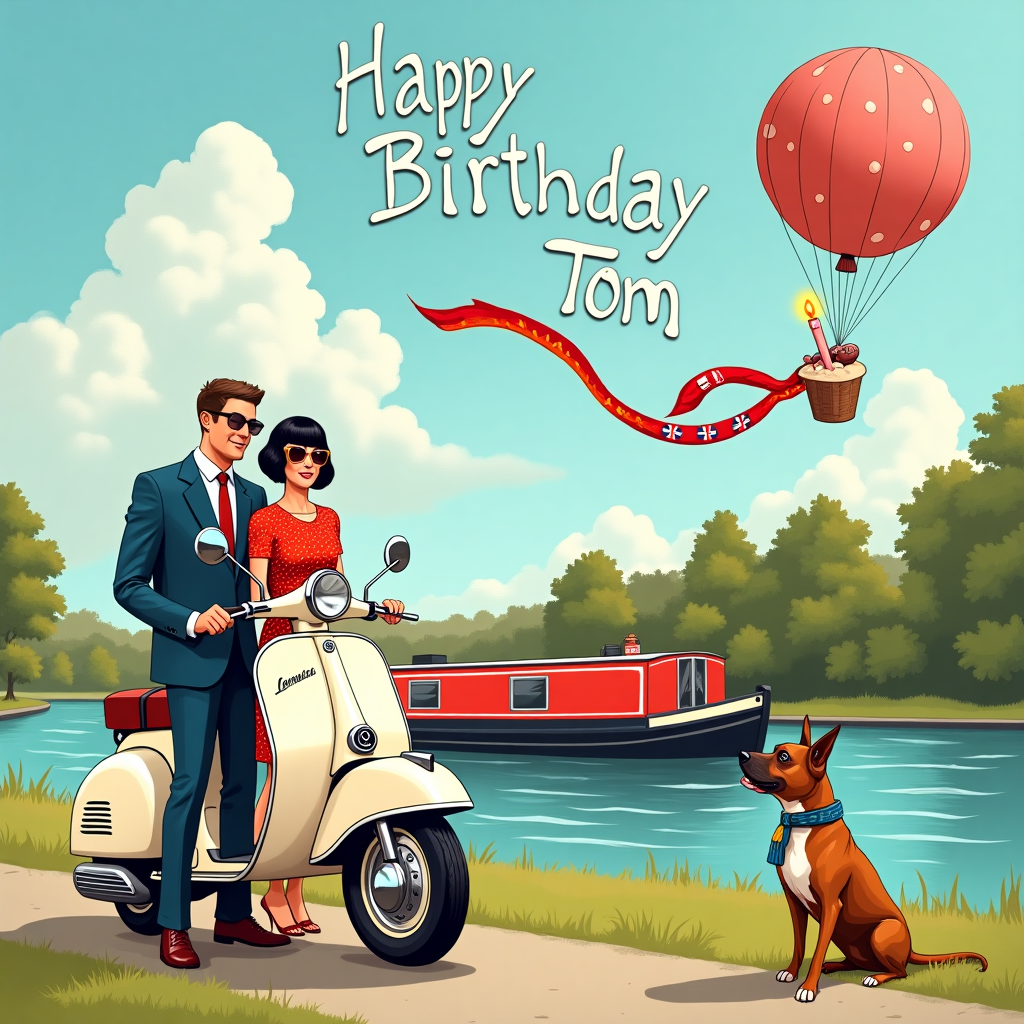 The scene unfolds on a sun-dappled canal, where a classic 1960s narrowboat, painted in cheerful shades of red and cream, is moored alongside a picturesque towpath. In the foreground, a vintage Lambretta scooter, gleaming in pristine white and chrome, stands proudly parked next to the boat. Its signature Mod target emblem is prominently displayed on the front shield, while the rear is adorned with a collection of retro mirrors and a Union Jack flag.

Standing beside the scooter is Tom, a dapper Caucasian male clad in classic Mod attire, complete with a tailored suit, narrow tie, and a pair of stylish loafers. His eyes are shielded by round sunglasses, and he sports a tidy hairstyle reminiscent of the Beatles era. Next to him, his wife, exuding 60s chic with her jet-black bob hairstyle, wears a polka-dotted A-line dress that flutters in the gentle breeze. She holds an open book, and the pages flutter whimsically, echoing the illustrative style of Arthur Rackham.

An exuberant Alsatian dog, captured mid-leap, seems to almost fly across the scene, its fur rendered with intricate detail akin to a Gustave Doré engraving. It carries a long, colorful scarf in its mouth—a nod to the quintessential Mod fashion accessory—which playfully trails behind it. 

In the background, the canal shimmers under a bright blue sky where puffy white clouds spell out “Happy Birthday Tom” in whimsical, cartoon-like letters, reminiscent of Quentin Blake's playful hand. Floating beside the clouds, an air balloon shaped like a giant cupcake with a candle alight adds a whimsical touch inspired by Beatrix Potter's storytelling charm. 

All these elements combine to create a lively, detailed tableau that celebrates Tom's special day with nostalgia, style, and a touch of the fantastical, drawing inspiration from a blend of classic artists' narrative richness.
Generated with these themes: Vintage lambretta scooter, 1960s mod , One Caucasian male , Married to caucasian female 60s mod black bob hairstyle, Lives on a narrow boat on canal, and Alsatian dog.
Made with ❤️ by AI.
