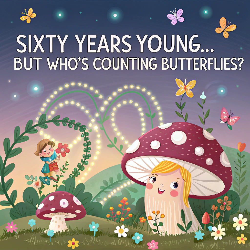 At the top of the image, "Sixty Years Young... But Who's Counting Butterflies?"

- In the center of the image, illustrate an enchanting, whimsical fantasy garden filled with oversized mushrooms, twinkling fairy lights, and sparkly vines curling around flowers that shape the number '60' in vibrant blooms.

- Dozens of cartoon butterflies, each wearing tiny birthday hats or carrying glittery streamers, flutter happily around the floral '60', creating a flurry of celebration.

- In the sky, a sparkly magical creature—something between a unicorn and a dragonfly with a mischievous grin—zips through fluffy clouds, trailing glowing glitter behind it that forms the words "Happy Birthday" in swirling cursive across the blue sky.

- Optional small details: a fairy snoozing inside a teacup, a squirrel DJing near a cupcake stand, and a ladybug carrying a balloon labeled “Cheers to 60!”.
Generated with these themes: An enchanting illustration shows a fantasy garden with butterflies fluttering around a floral '60'. The 'Happy Birthday' message appears in the sky, written by the trail of a magical creature zooming through the clouds.  Generated with these themes: 60th ..
Made with ❤️ by AI.