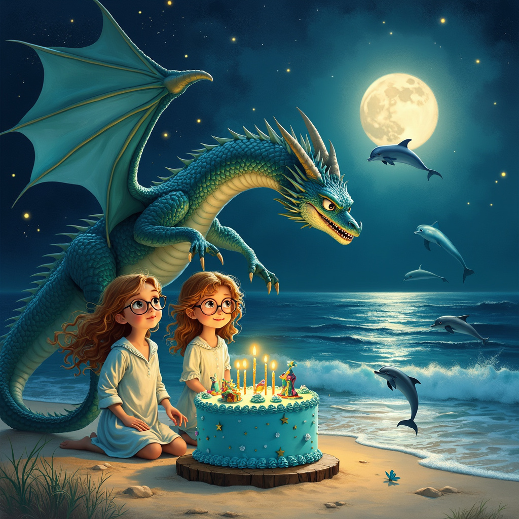 The front cover of the birthday greeting card is set on a tranquil, moonlit beach. The night sky is a deep indigo, dotted with glimmering stars and a luminous full moon casting a silvery glow on the serene ocean waves. In the foreground, on the sandy shore, there’s a large birthday cake adorned with blue and green frosting, intricately decorated with edible mythical creatures: tiny dragons with shimmering scales, miniature dolphins leaping in mid-air, and delicate fireflies made of spun sugar, their bodies glowing softly.

Two sisters stand by the cake: Lizzie, a 13-year-old with long blonde hair cascading in gentle waves, wearing round glasses that reflect the moonlight, and Pippa, a 10-year-old with a head full of ginger curls and glasses perched on her nose. They’re both wearing nightgowns with subtle patterns of stars and moons that seem to shimmer in the night.

Hovering above them, there’s a majestic dragon with iridescent blue and green scales, its wings spread wide, seemingly protecting the scene below. Fireflies flit around, their lights twinkling like stars brought down to earth. In the background, gentle waves lap at the shore, and two dolphins leap joyfully out of the water, their sleek bodies catching the moonlight, creating sparkling trails in the air.

The whole scene is bathed in a soft, ethereal glow from the moon, highlighting the intricate details: the texture of the dragon’s scales, the gentle curls of Pippa’s hair, and the reflections in the glasses of both sisters. It’s a magical night, where mythical creatures and natural wonders come together to celebrate a special birthday by the sea.
Generated with these themes: Mythical creatures, Blue, Green, Long BLONDE hair Lizzie glasses 13 year old sister, GINGER curly hair Pippa glasses 10 year old sister, Birthday cake, Fire flies, Night time, Moon, Stars, Beach, Dolphins, and Dragon.
Made with ❤️ by AI.