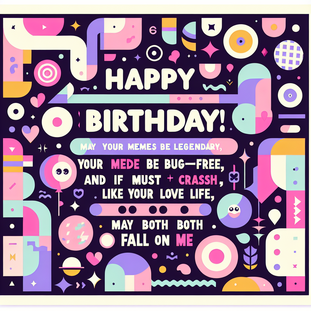 Generate an image with a playful birthday design that features an array of abstract shapes in pastel colors, forming a whimsical backdrop. Amidst these shapes, there should be bold lettering that spells out 'Happy Birthday!' Below this, in a lighter typeface, a quirky message that says 'May your memes be legendary, code be bug-free and if it must crash like your love life, may both fall on me.' The overall mood should be light-hearted and modern, communicating humor and technology.
Generated with these themes: Happy Birthday! May your memes be legendary, code be bug-free and if it must crash like your love life, may both fall on me.
Made with ❤️ by AI.
