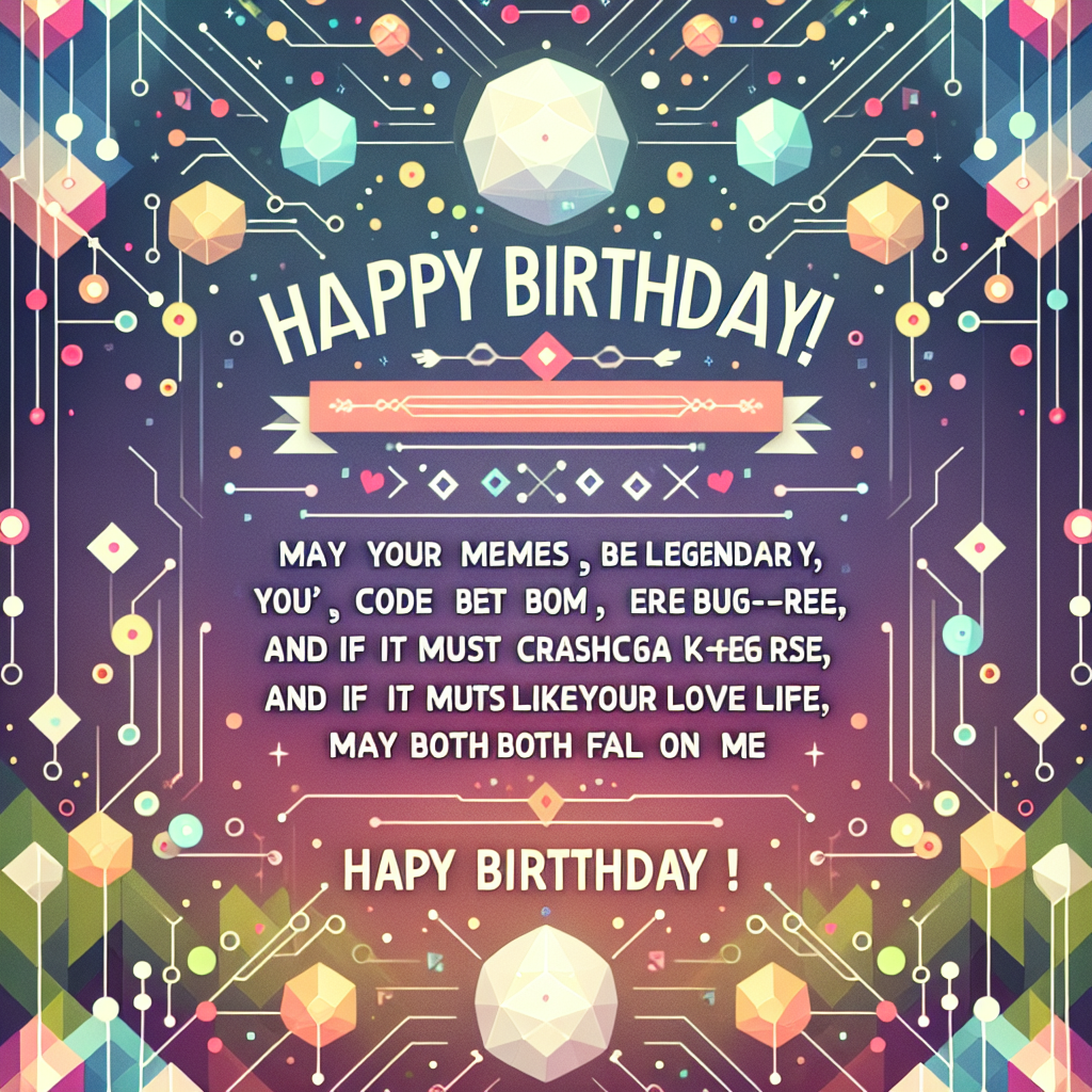 Create an image with an enchanting, abstract background that includes geometric patterns and soft color blobs, bringing to mind a festive environment. The image should feature the phrase 'Happy Birthday!' in the center, written using a stylized font. Below this main greeting, include a witty phrase that reads, 'May your memes be legendary, code be bug-free, and if it must crash like your love life, may both fall on me.' The phrase should be portrayed in a playful, light-hearted way to resonate with a humorous and technologically-inclined audience.
Generated with these themes: Happy Birthday! May your memes be legendary, code be bug-free and if it must crash like your love life, may both fall on me.
Made with ❤️ by AI.