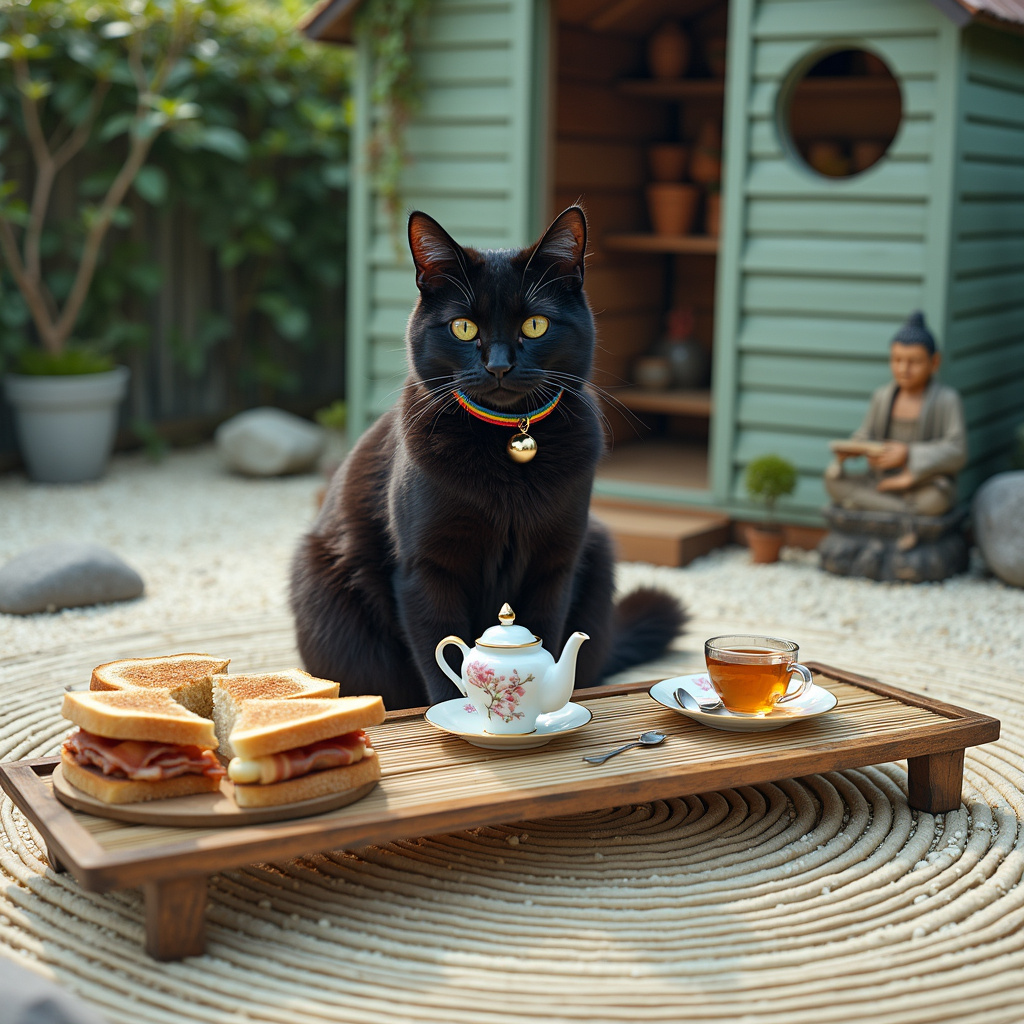 In a tranquil, meticulously raked zen garden, an ebony-furred cat with an air of sophisticated serenity sits cross-legged on a woven bamboo mat. The cat's fur glistens under the soft morning light, highlighting a rainbow-striped collar adorned with a small, elegant bell. This gay, serious black cat is the centerpiece of an enchanting tea party. To its right, a polished, lacquered wooden tray holds a pristine porcelain teapot with delicate cherry blossom patterns, surrounded by matching cups filled with steaming Earl Grey tea. 

On a low, rustic wooden table between the cat and the shed stands a plate of perfectly toasted bacon sandwiches and a jar of golden-orange marmalade, its glass catching the sunlight. The sandwiches are neatly sliced into triangles, and the bacon peeks out invitingly from between layers of fluffy white bread, glistening slightly with butter. The jar of marmalade, nearly translucent, hints at its sweet, tangy contents, a small silver spoon resting beside it.

The shed in the background, slightly weathered but well-kept, is painted a calming shade of sage green with ivy creeping up its sides. A tiny round window offers a peek into its interior, where shelves are lined with gardening tools and terra cotta pots. Just outside the shed's wooden door, a ceramic Buddha statue sits serenely, echoing the cat's meditative pose. 

The ground of the zen garden is a soothing pattern of white gravel, artfully raked into spirals and circles, creating a mesmerizing backdrop for this whimsical tea party. Strategically placed rocks and miniature bonsai trees add a touch of natural beauty and balance to the scene, completing this surreal yet serene birthday tableau.
Generated with these themes: a gay serious black cat having a tea party with bacon sandwiches and marmalade in a zen garden next to a shed, while meditating.
Made with ❤️ by AI.