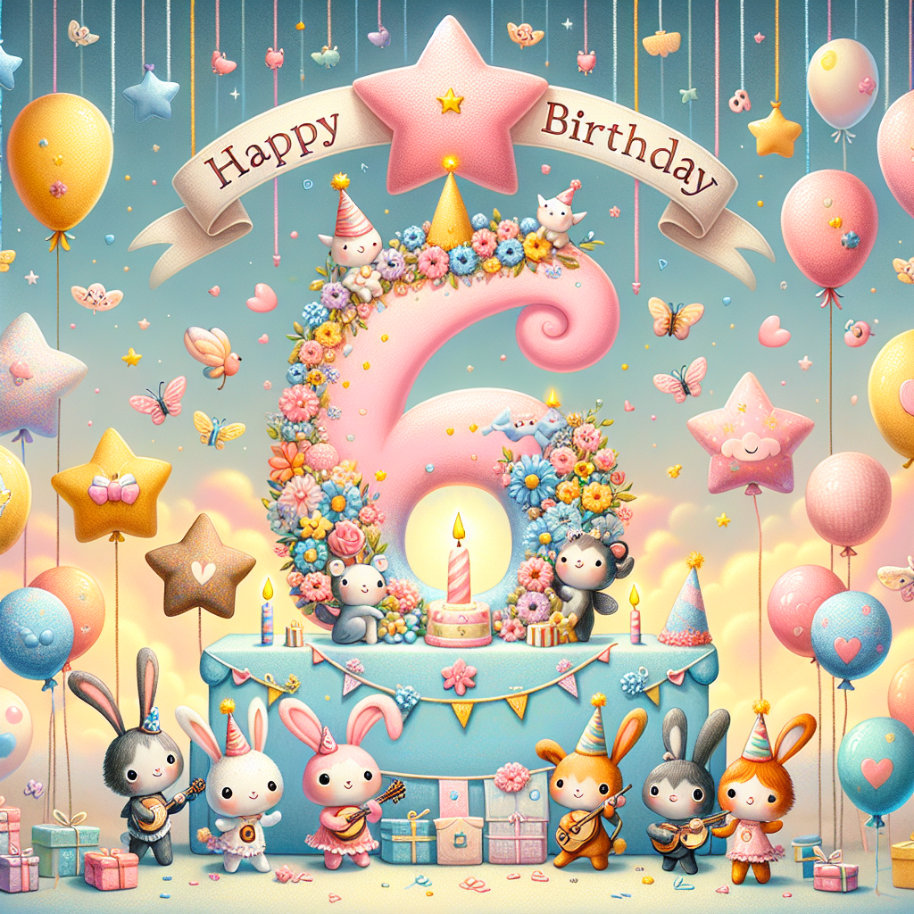 An animated scene filled with joy and celebrating a 6th birthday. The setting is colored in pastel shades with numerous balloons floating in the air, shaped like stars and hearts with colors of pink, blue, and yellow. In the center is a whimsical numeral '6', adorned with miniature flowers and cartoonish bugs. Surrounding the '6', adorable animals such as rabbits and kittens are depicted in party hats, holding small instruments, seeming like a birthday band. In the front, a banner is hung gracefully displaying 'Happy 6th Birthday' in a fun, childlike font that reflects the spirit of an enthusiastic childhood celebration.
Generated with these themes: Happy 6th Birthday Johnny.
Made with ❤️ by AI.