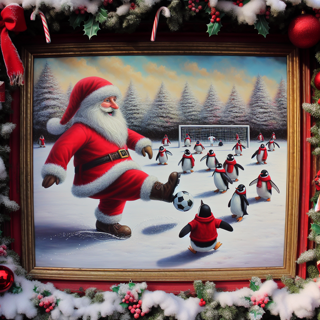 The scene depicts a whimsical Christmas setting where a jolly Santa, in his iconic red suit, is playing soccer with enthusiastic penguins on a snow-covered field. The borders are embellished with holly and candy canes, enhancing the cute festive ambiance.
Generated with these themes: cute santa playing soccer with penguins.
Made with ❤️ by AI.