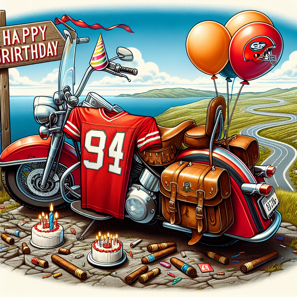 Create a whimsical birthday illustration featuring a red football team jersey draped over the handlebars of a classic motorcycle, which is propped atop a scenic overlook. The bike's saddlebags are playfully adorned with miniature cigars and birthday party favors. In the background, a winding road disappears into the horizon, symbolizing the excitement of a road trip. Party balloons float around, adding to the celebratory vibe, with a football team crest and birthday wishes in bold lettering above.
Generated with these themes: Liverpool fc, Motorcycles, Cigars, and Road trip.
Made with ❤️ by AI.