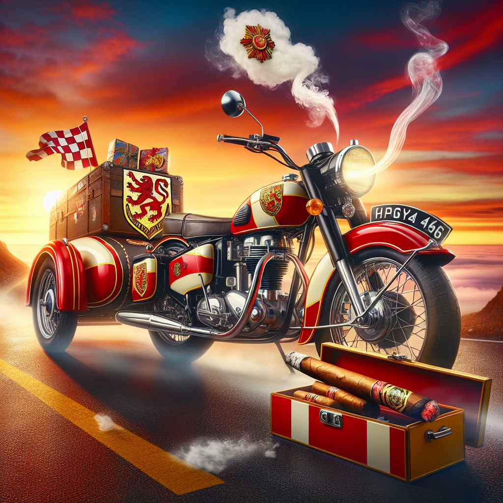 A vibrant sunset serves as the backdrop for a sleek motorcycle painted in red, white, and yellow colors, similar to those of a well-known English football team. The motorcycle is decorated with emblems resembling lions, in reference to heraldic motifs. A cartoonish representation of an adventurous road trip is indicated by a dotted line trailing behind the bike, symbolizing a journey. Smoke from a cigar resting on the bike's dashboard morphs into fluffy clouds that spell out 'Happy Birthday'. A sidecar is attached to the bike, filled to the brim with gift-wrapped packages and another box of cigars, showcasing the spirit of heavy-duty fun and adventure.
Generated with these themes: Liverpool fc, Motorcycles, Cigars, and Road trip.
Made with ❤️ by AI.