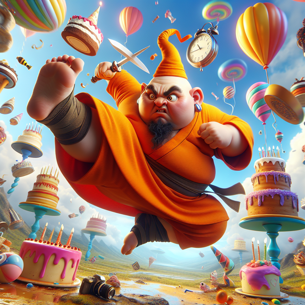 Create a whimsical birthday-themed image set in an imaginative dreamlike landscape where gravity and perspective rules are creatively distorted. The main character is a stocky halfling male of Middle-Eastern descent, displaying a grumpy expression, dressed in bright orange monastic attire. He is caught in the act of delivering a dynamic martial arts-style flying kick, mysteriously hovering in mid-air. Around him, floating assorted cakes, melting timepieces, and peculiarly-shaped balloons that invite intrigue, fill the scene. The seriousness on the halfling monk's face contrasts the joyfulness of the dreamy panorama, enhancing the element of fantasy in this celebratory illustration.
Generated with these themes: Halfling male, Short, Bald, Orange monk robes, Martial arts flying kick, Grumpy , and Fantasy .
Made with ❤️ by AI.