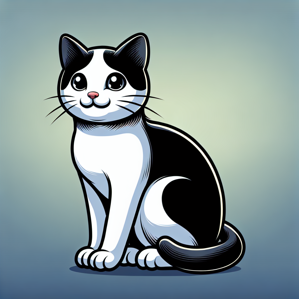 In a surreal, stylized cartoon world, a black and white Domestic Shorthair Cat sits with a content expression. The cat exhibits a standard build which conveys a sense of poise and comfort. Although we can't see the color of its eyes, the rest of the cat's attributes are outlined and detailed with care, including the reflective shine of its bi-colored fur and the smooth lines that shape its serene posture.
.
Made with ❤️ by AI.