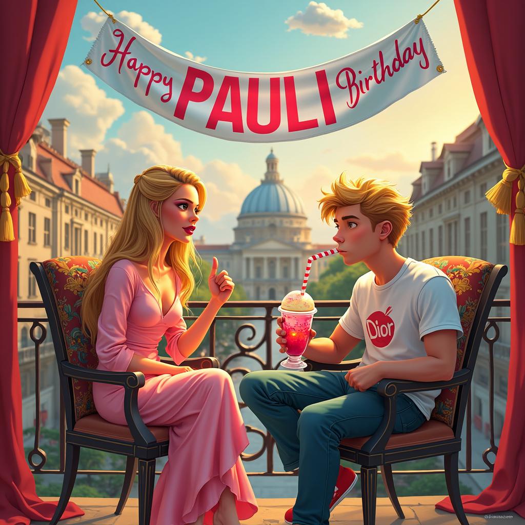 In a vibrant and surreal cartoon birthday scene set on a whimsical balcony, a slender and pale 25-year-old male protagonist with a super short strawberry blond mullet sits comfortably on a stylish wrought-iron chair. Dressed in early 2000s fashion—baggy jeans and a retro graphic t-shirt—he enjoys a boba tea cup with a colorful striped straw, its tapioca pearls floating cheerfully within the transparent vessel. Beside him, the iconic Paris Hilton lounges gracefully on a lavishly decorated chaise, her glamorous outfit shimmering in the soft afternoon light. Together, they overlook the magnificent Vienna Opera House, depicted in intricate detail, with its ornate architecture and vibrant banners. Above them, a tailor's dummy showcases a glowing Dior gown that radiates a magical, ethereal light, casting an enchanting glow over the whole scene. A large, hand-painted banner reading "Happy Birthday, Pauli!" drapes across the balcony railing, while fluffy clouds in the sky spell out "PAULI" in bold, friendly letters, ensuring his name is celebrated. Below the balcony, the bustling streets of Vienna unfold, filled with cartoonishly charming buildings and tiny, detailed figures navigating their day, adding a sense of depth and liveliness to this whimsical birthday celebration.

Summary: A 25-year-old male with a super short mullet, strawberry blond hair, and early 2000s style sits on a balcony with Paris Hilton, overlooking the Vienna Opera and sipping boba tea, as a glowing Dior gown and a "Happy Birthday, Pauli!" banner enhance the festive atmosphere.  
Generated with these themes: A 25 year old male with a super short mullet, strawberry blond, slender, pale, 2000 style, Sitting on a balcony with Paris Hilton, view of the Vienna Opera, sipping a boba tea with a straw, and A tailor's dummy with a glowing Dior gown.  
Made with ❤️ by AI.