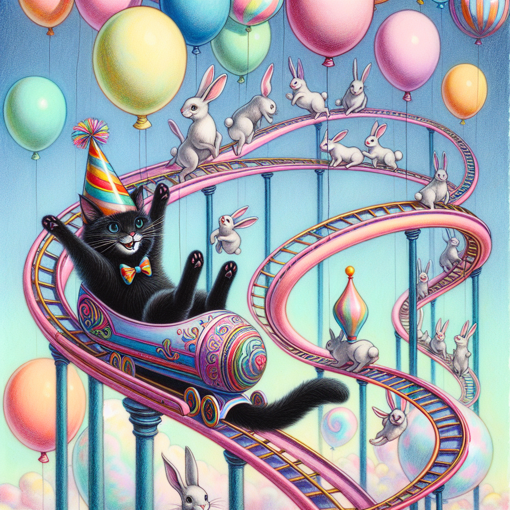 A whimsical birthday-themed illustration featuring a playful black cat, adorned with a festive party hat, joyfully perched atop a vivid, winding roller coaster. The coaster twists and turns through a magical landscape, where happy rabbits leap about amidst an array of pastel balloons. Each balloon artfully demonstrates a fusion of surreal, outlandish, and colorful characteristics, reminiscent of a blend of late Victorian and early Edwardian aesthetics, commonly seen in pastel artwork produced during the late 19th and early 20th centuries.
Generated with these themes: Black cat , Roller coaster , Rabbits , and Melanie Martinez .
Made with ❤️ by AI.