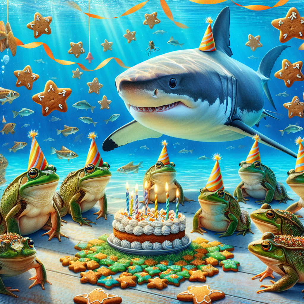 Imagine a lively birthday party taking place underwater. The guest of honour is a charming great white shark, it has a look of mischief on its face, not threatening but playful. Multiple frogs, known for their capability to sustain both on land and water, participate in the festivities. All of them wear tiny colourful party hats. Ginger-themed decorations pervade the scene with an array of gingerbread cookies and orange-amber streamers floating around, creating a beautiful contrast against the blue aquatic backdrop. This concoction of terrestrial gatherings and aquatic life culminates into a uniquely delightful birthday illustration.
Generated with these themes: Great white Sharks, Cute frogs, and Gingers.
Made with ❤️ by AI.