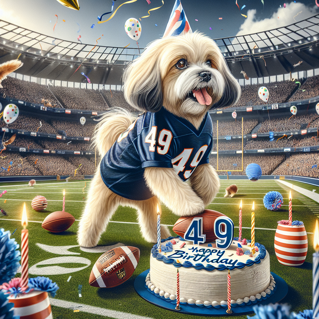 An artistically rendered portrait of a 49th birthday celebration taking place in a grandiose stadium. The focus of the image is a cream-colored Malshi dog wearing a navy-colored jersey and engaging in playful antics with an American football. The pitch is covered in festive birthday decorations, amidst which the adorable canine dynamically moves across. The stands are filled with excited spectators who are energetically cheering, adding an atmosphere of joyous enthusiasm to the scene. The entire image carries a heartwarming vibe, creating a uniquely memorable tribute for this distinctive birthday.
Generated with these themes: Husband 49th Birthday cream malshi playing american football in navy jersey celebration in big stadium .
Made with ❤️ by AI.