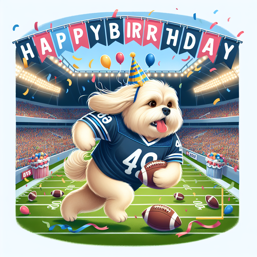 Create a charming illustration that displays a joyous celebration for a man's 49th birthday that unfolds in a grand, buzzing stadium. The focal point is a spirited and athletic cream-colored Malshi dog engaged in a game of American football. The dog is dressed in a navy jersey and is filled with energy. The stadium is adorned with colorful birthday banners to add to the festive feel, and an excited crowd can be heard cheering with enthusiasm for both the ongoing game and the special occasion.
Generated with these themes: Husband 49th Birthday cream malshi playing american football in navy jersey celebration in big stadium .
Made with ❤️ by AI.