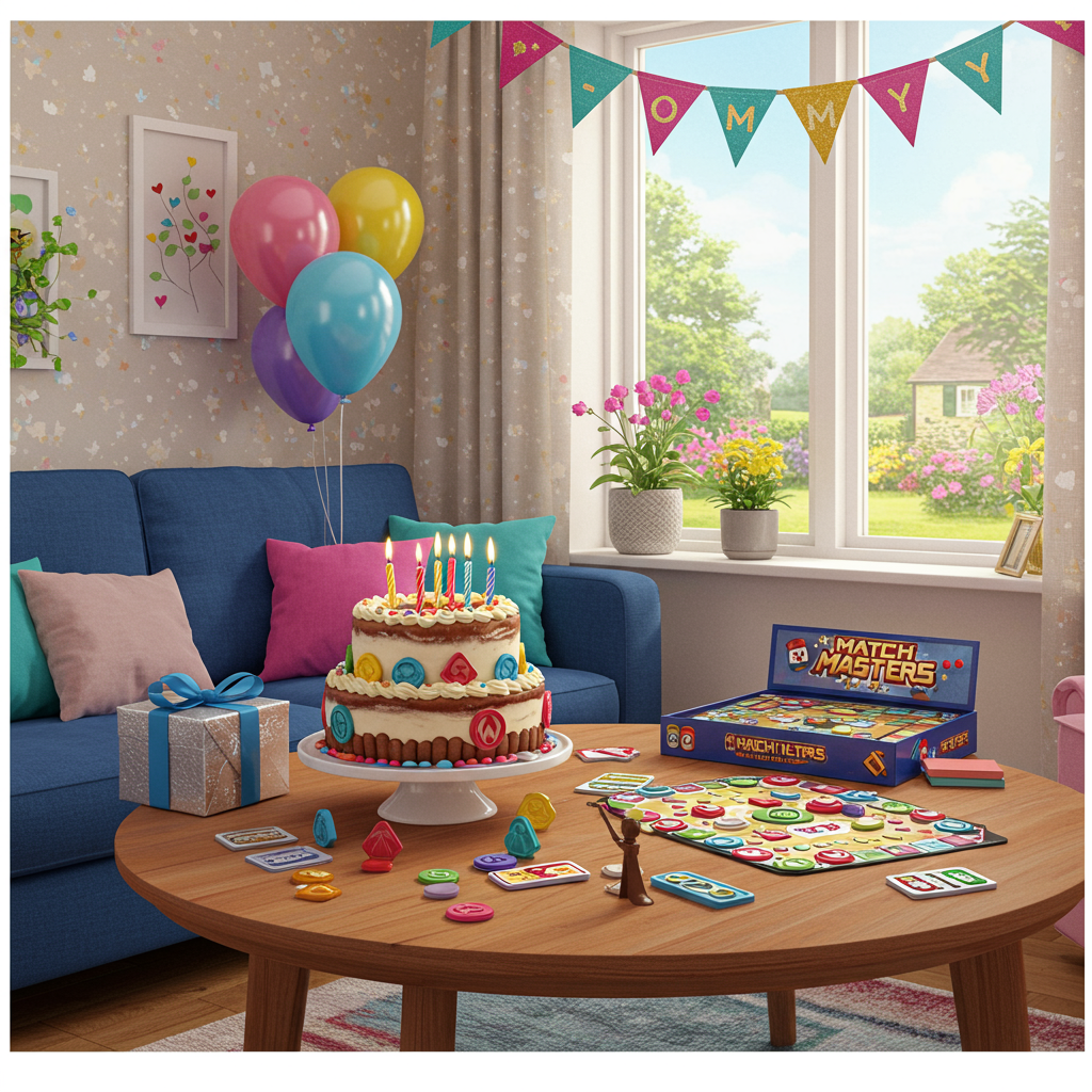 The front cover of the greeting card features a vibrant and lively birthday-themed scene set in a cozy living room. In the center, there is a realistic, multi-tiered cake on a round wooden table. The cake is intricately decorated with colorful match pieces and tokens inspired by the Match Masters game. The frosting is a rich, buttery cream color, adorned with bright blue and red sprinkles that mimic game jewels.

Beside the cake, a neatly wrapped gift box catches the eye. It is wrapped in shiny silver paper with a royal blue ribbon tied into a perfect bow on top. Next to the gift, a Match Masters game board is laid out on the table, with vividly detailed pieces and cards scattered as if in mid-play.

In the background, a large window lets in soft, natural light, and through it, a glimpse of a blooming garden with vibrant flowers in shades of pink, purple, and yellow can be seen. Above the table, hanging from the ceiling, is a string of festive bunting in alternating shades of teal and magenta, with the letters "M-O-M-M-Y" spelled out boldly in glittery gold on individual triangles.

On the walls, a pastel-colored wallpaper with subtle patterns of stars and dots adds a warm ambiance, while a plush, navy blue couch lined with cushions in various jewel tones of ruby, emerald, and sapphire sits invitingly to one side. The entire scene is detailed with a lifelike precision that captures the essence of a celebratory moment, perfect for a birthday greeting card.
Generated with these themes: match masters game.
Made with ❤️ by AI.