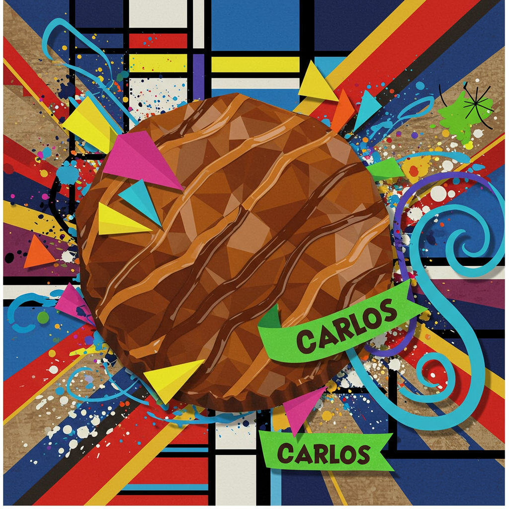 The front cover of the birthday card should explode with abstract expressionism, utilizing bold geometric forms, vivid colors, and swirling lines to create an energetic composition.

At the center, envision a large, abstracted, triangular form resembling a Reece's Peanut Butter Cup. It could be a rusty orange circle with crisscrossed dark chocolate brown and caramel colored zigzagging lines, echoing the drizzles of melted chocolate. Overlapping with this central shape, add bright, polygonal shards in contrasting hues—cobalt blue, sunny yellow, and magenta—to mimic a shattered effect.

In the background, create a dynamic interplay of geometric patterns and fields of color. Use Piet Mondrian-inspired grids of thick black lines with vibrant rectangles in primary colors—red, blue, and yellow. Mix in a few splatters and drips in the style of Jackson Pollock, with vibrant greens and purples adding a chaotic harmony.

Incorporate swirls and looping lines reminiscent of Joan Miró, intertwining through the grid. These lines can be a vibrant, electric turquoise, standing out against the structured background.

Somewhere within this vivid chaos, include the name "Carlos." It could be artistically woven into a bright green banner that floats diagonally across the scene, or perhaps integrated subtly into the grid or swirling lines, using bold, block letters in an eye-catching contrast, like white against a deep navy.

The overall scene should be vibrant and celebratory, like a visual fireworks display for the senses, with abstract representations that suggest a birthday scene without traditional elements.
Generated with these themes: Reece's peanut butter.
Made with ❤️ by AI.