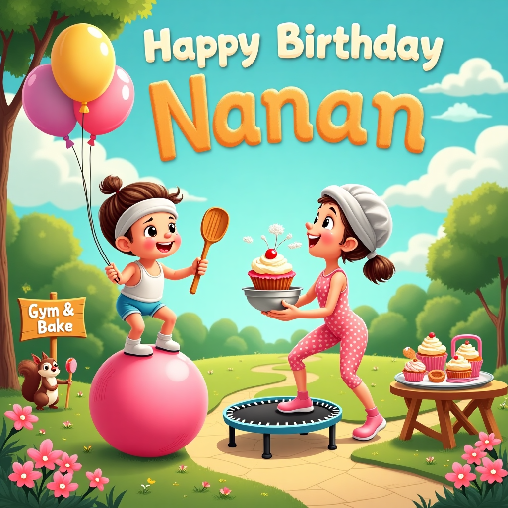 In this whimsical birthday card scene, imagine a sunlit park transformed into a fantastical gym and bakery, with charming details that dance between everyday life and the delightful absurdity of a cartoon world. At the center, there's a plucky baby girl, sporting a headband and mini wristbands, standing atop a bright pink exercise ball. She's enthusiastically holding a giant wooden spoon like a baton, her cheeks smudged with flour, and she's attempting to whip up an oversized cupcake in a mixing bowl balanced on a tiny trampoline beside her.

Nearby, Grandma, decked out in a polka-dotted leotard, is doing gentle bicep curls with pink dumbbells shaped like rolling pins. Her hair is elegantly pulled back in a bun, complete with a sprinkle of flour dusted on her nose, hinting at her dual role of fitness guru and master baker. On a vibrant picnic table nearby, an assortment of playful gym-themed pastries – think tiny kettlebell cookies and barbell cupcakes – are displayed on a silver tray.

Above this lively tableau, colorful balloons form the words "Happy Birthday Nanan," floating cheerfully against a sky that resembles a patchwork quilt of fluffy white clouds. Some clouds take the whimsical shape of dumbbells and mixing spoons, further tying in the theme. A mischievous little squirrel, dressed in a tiny chef's hat, peeks out from behind a tree, clutching a mini donut as if ready to join the birthday fun.

In the distance, a winding path leads to a signpost made of stacked breadsticks that reads, "Gym & Bake: Open for Fun!" The entire scene is framed by blooming flowers in workout gear patterns, creating an inviting and playful world where fitness meets the joy of baking, celebrating Nanan's special day with a blend of humor and heartwarming charm.
Generated with these themes: Grandma, Baby girl, Gym, and Baking.
Made with ❤️ by AI.